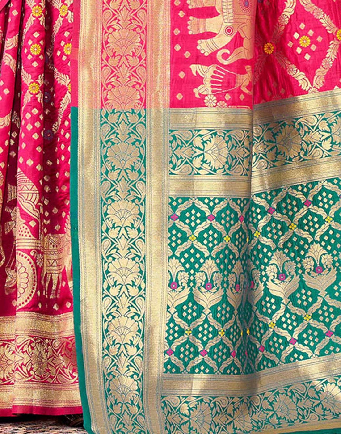 Regal Raniwara Pink and Teal Banarasi Silk Saree