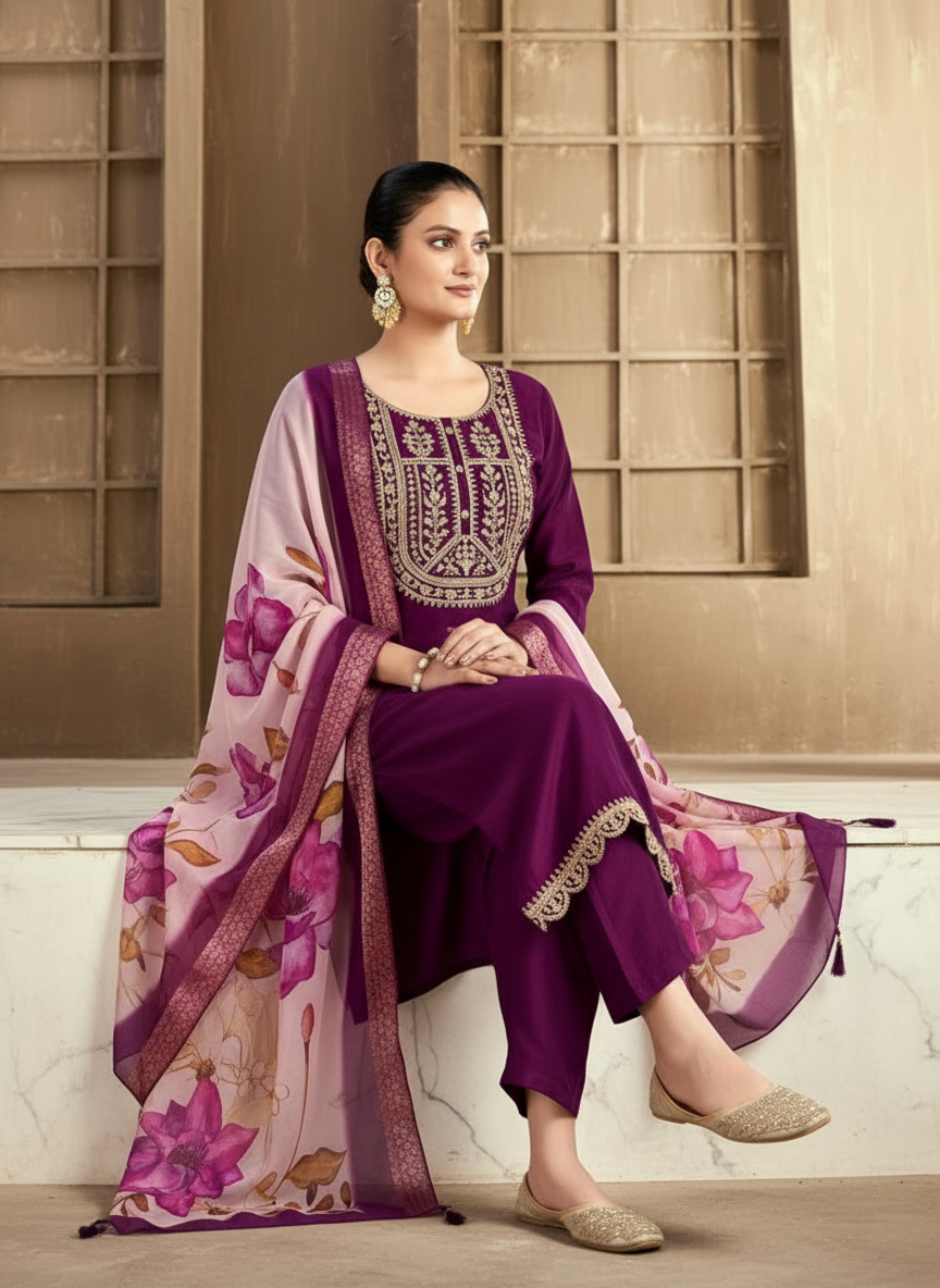 Regal Wine Bloom Embroidered Chanderi Kurta Set