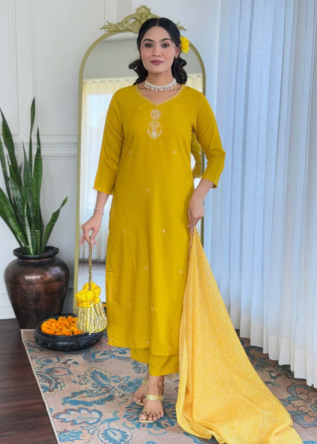 Mustard Yellow Embroidered Kurta Set