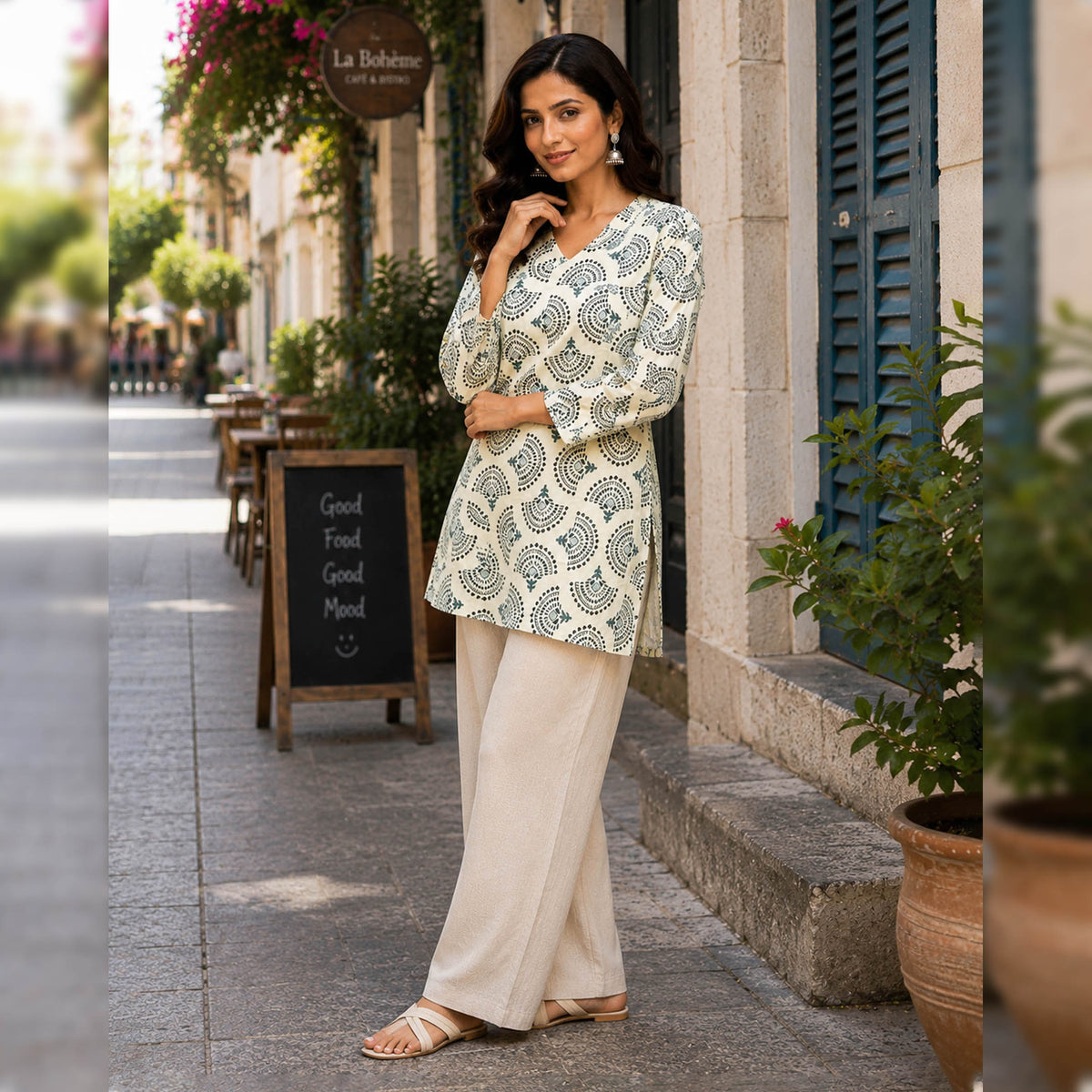Neelambari Ivory Indigo Cotton Printed Top
