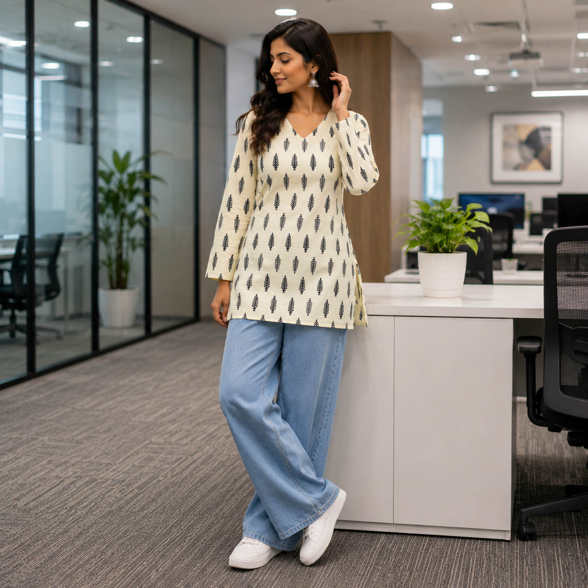 Patrika Cream Cotton Leaf Printed Top