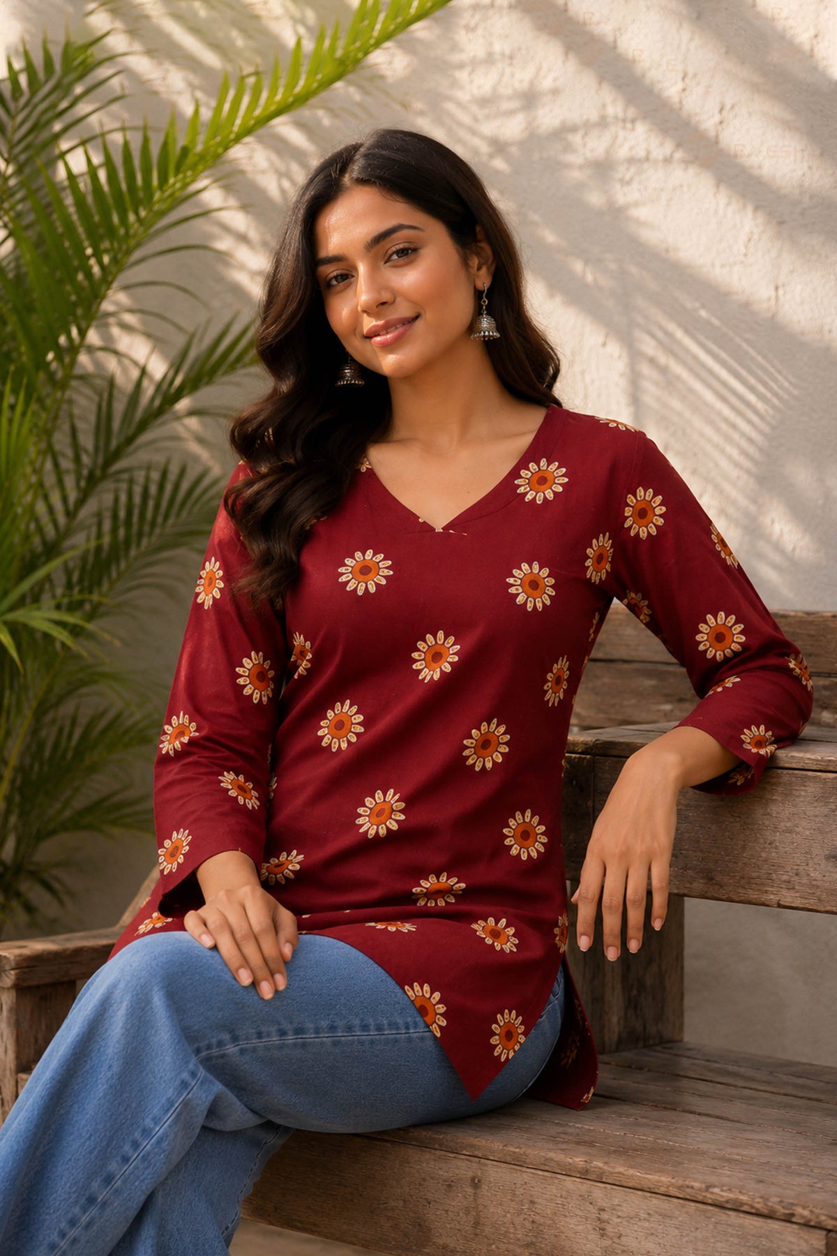 Surajmukhi Maroon Cotton Floral Printed Top