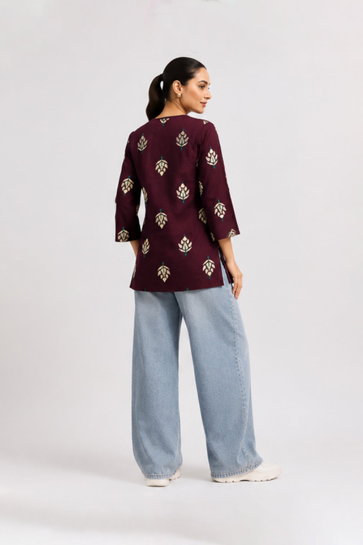Angoori Wine Cotton Lotus Printed Top