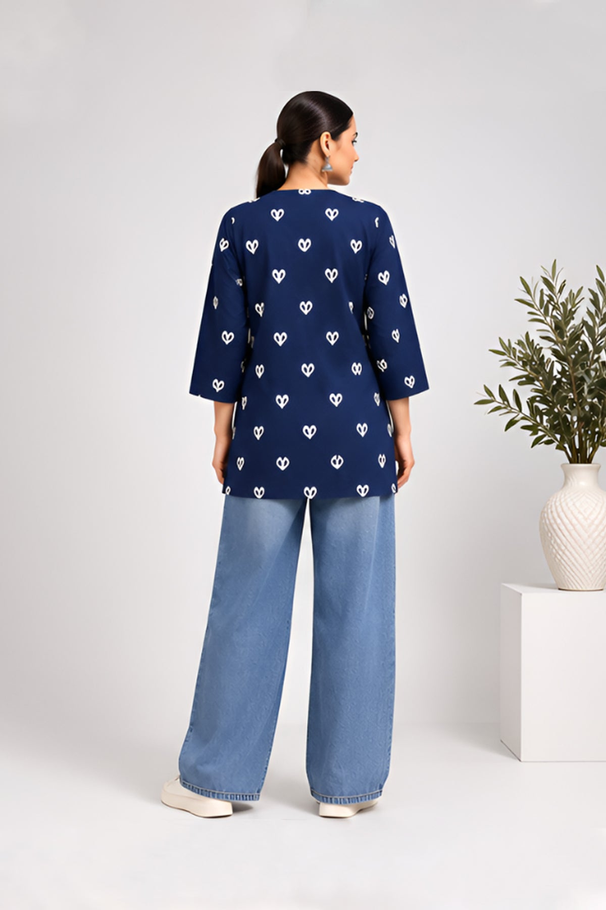 Dilruba Navy Blue Cotton Heart Printed Top
