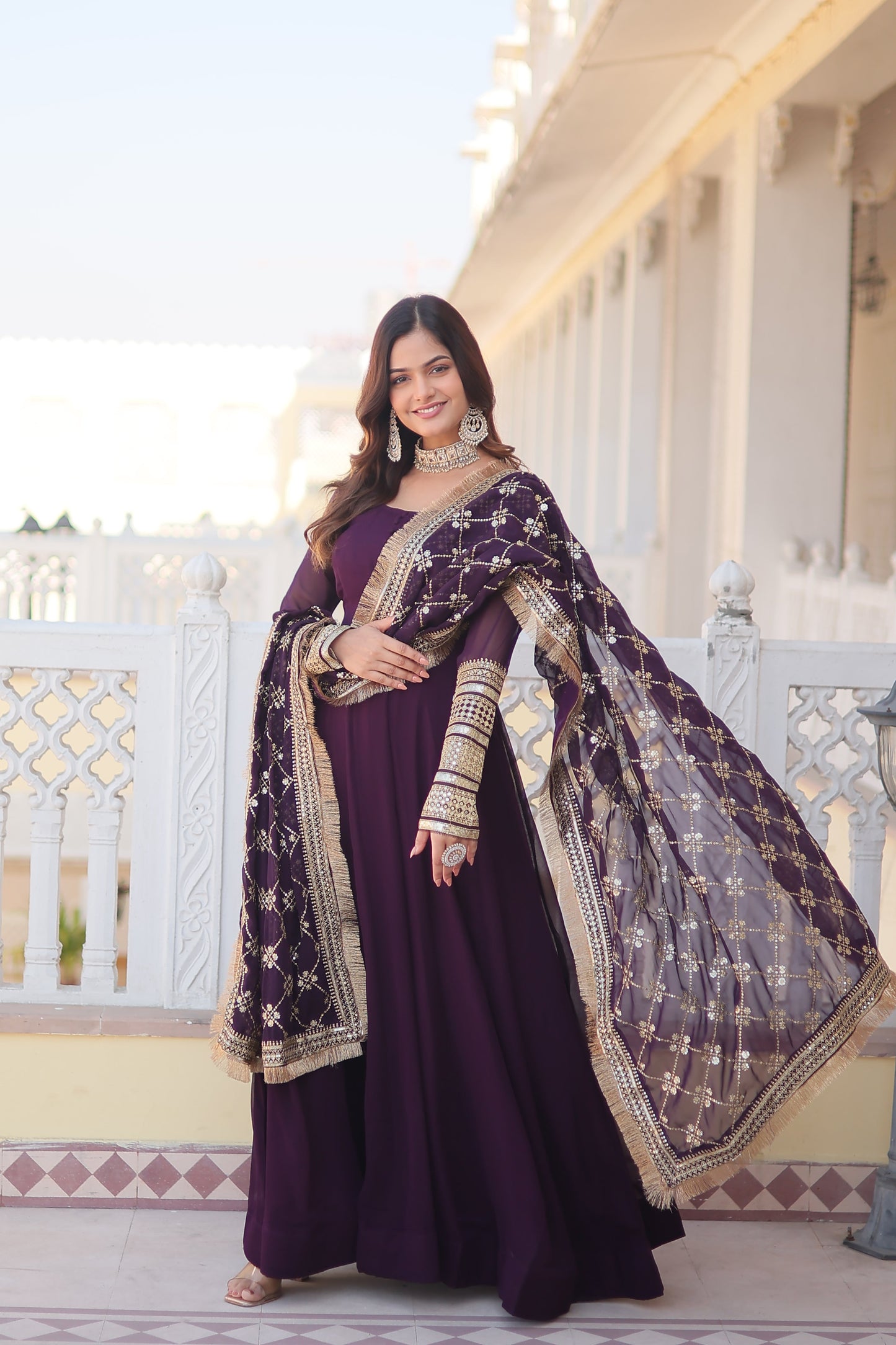 WINE FAUX BLOOMING WITH SEQUINS EMBROIDERED MULTI-SEQUINS WORK GOWN