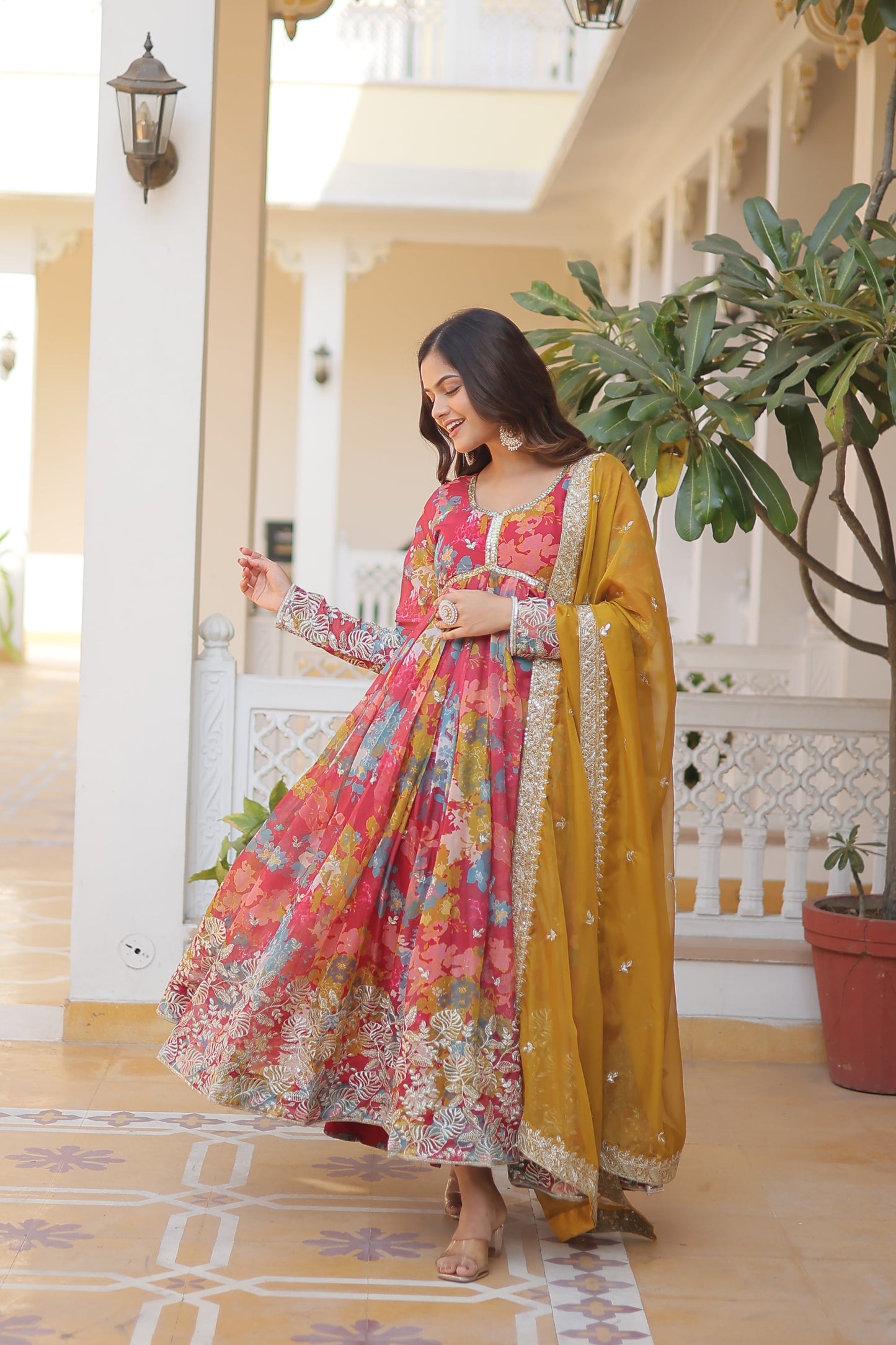 LIGHT PINK DIGITAL PRINTED RUSSIAN SILK WITH EMBROIDERY ZARI SEQUINS-WORK GOWN