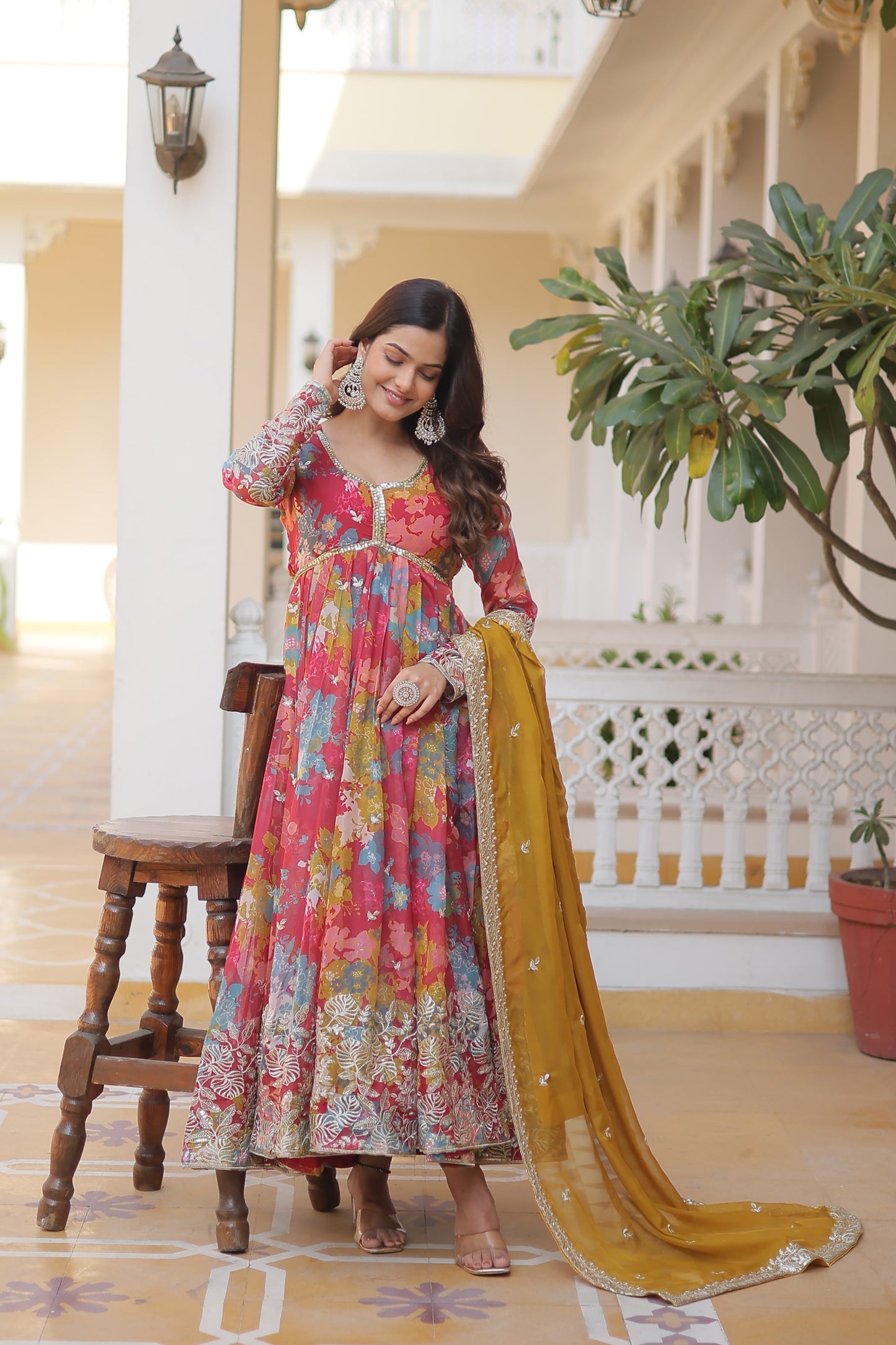 LIGHT PINK DIGITAL PRINTED RUSSIAN SILK WITH EMBROIDERY ZARI SEQUINS-WORK GOWN