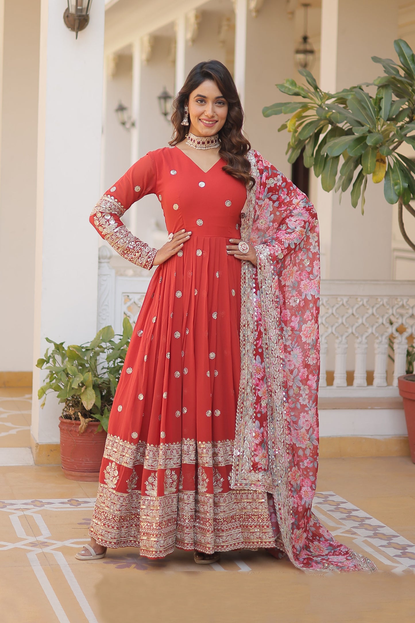 ORANGE FAUX GEORGETTE WITH EMBROIDERY ZARI SEQUINS-WORK GOWN