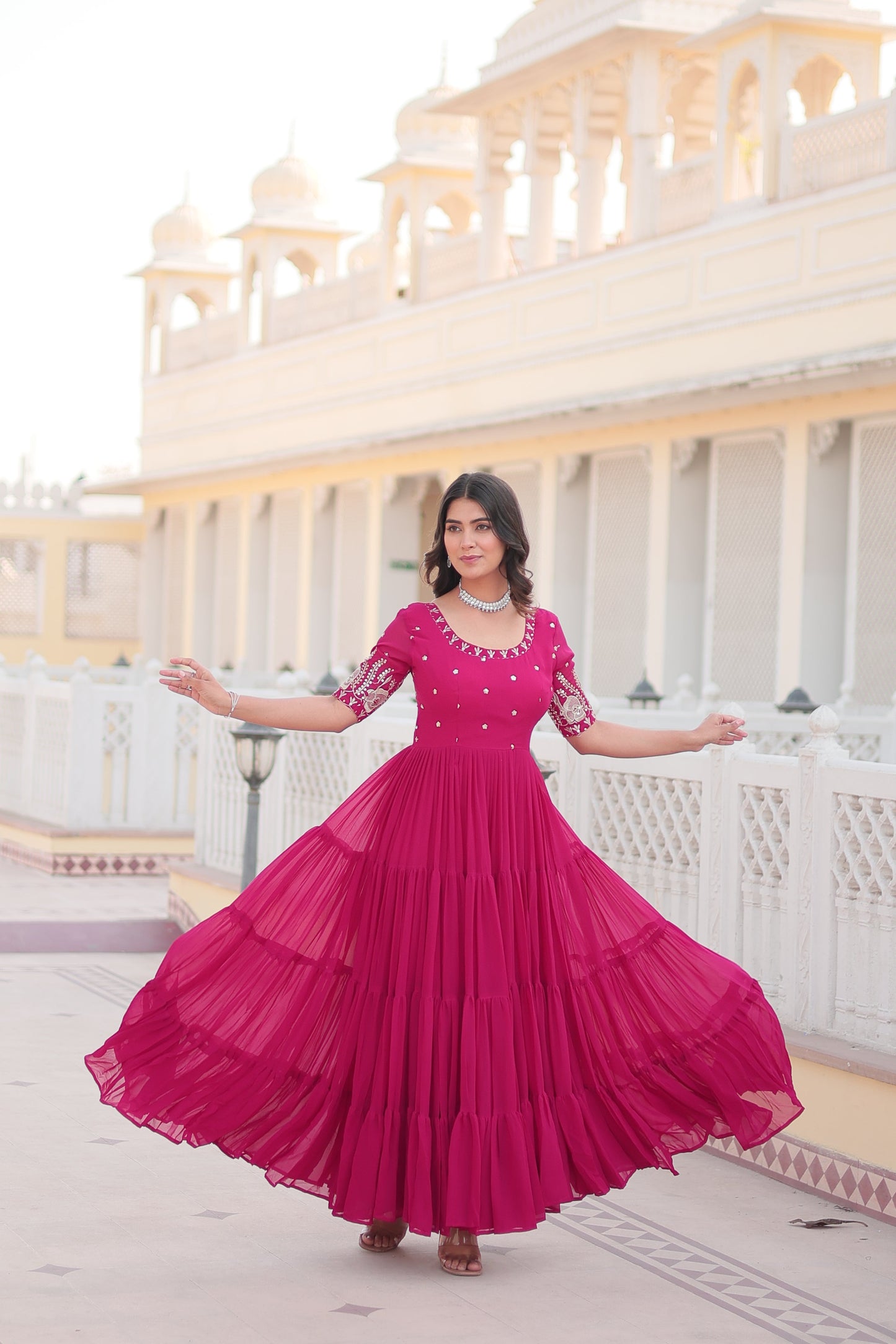 SALMON PINK FAUX BLOOMING WITH EMBROIDERY ZARI SEQUINS-WORK GOWN