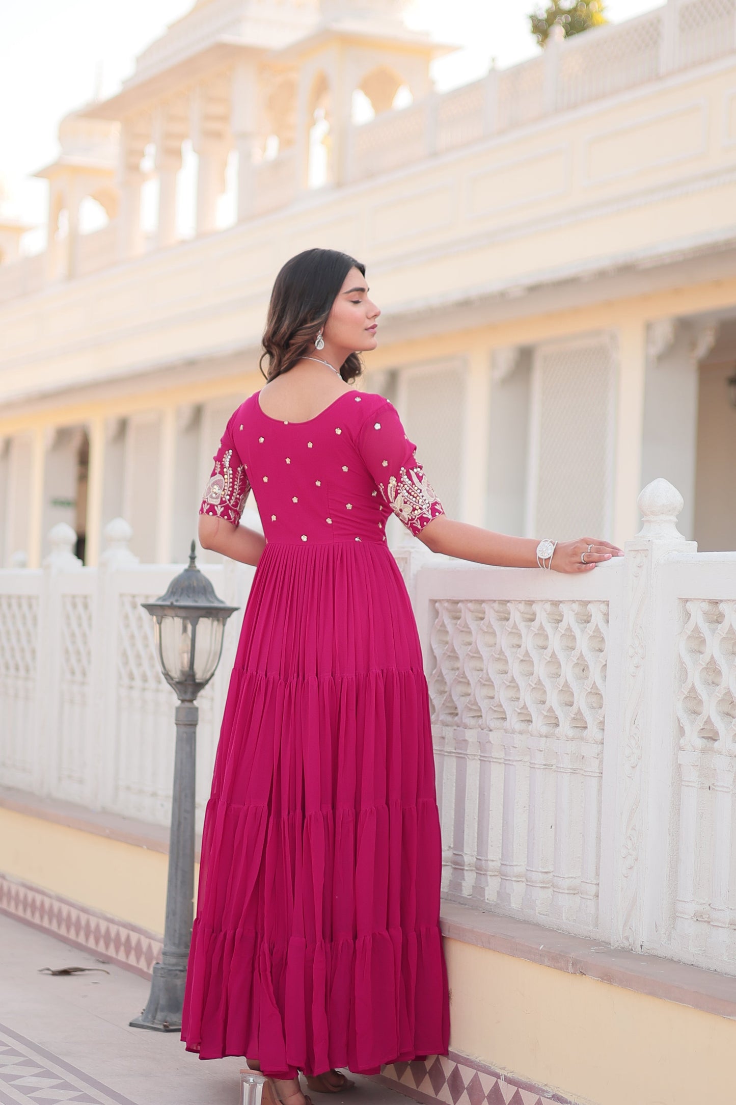SALMON PINK FAUX BLOOMING WITH EMBROIDERY ZARI SEQUINS-WORK GOWN