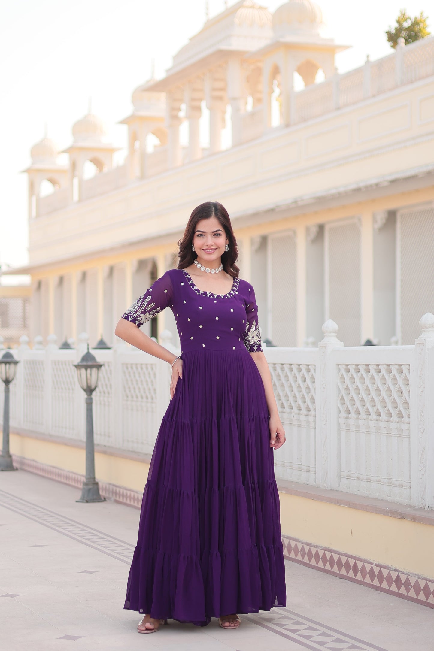 OXFORD BLUE FAUX BLOOMING WITH EMBROIDERY ZARI SEQUINS-WORK GOWN