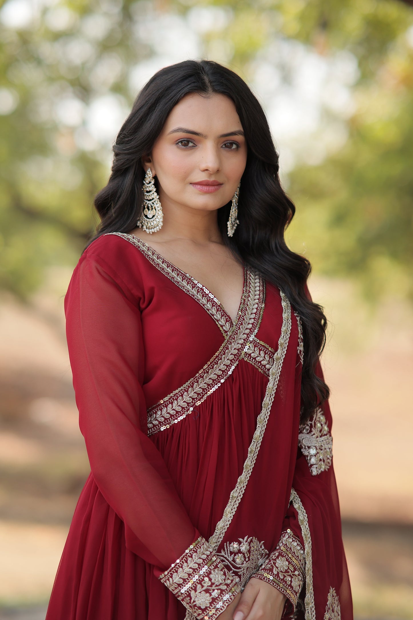 RED FAUX BLOOMING WITH EMBROIDERY ZARI SEQUINS-WORK GOWN