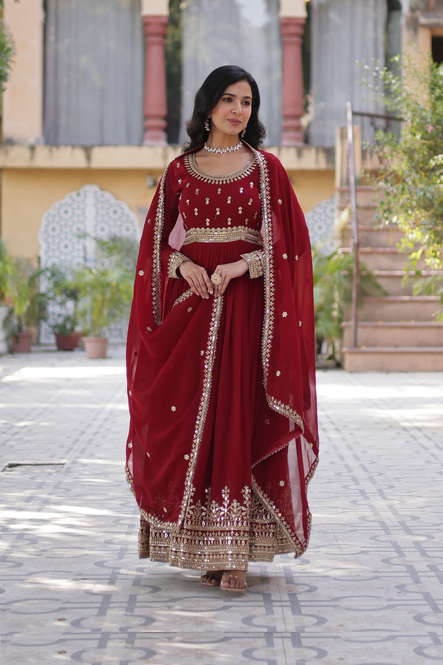 Sanvari Maroon Faux Blooming Embroidered Gown With Dupatta