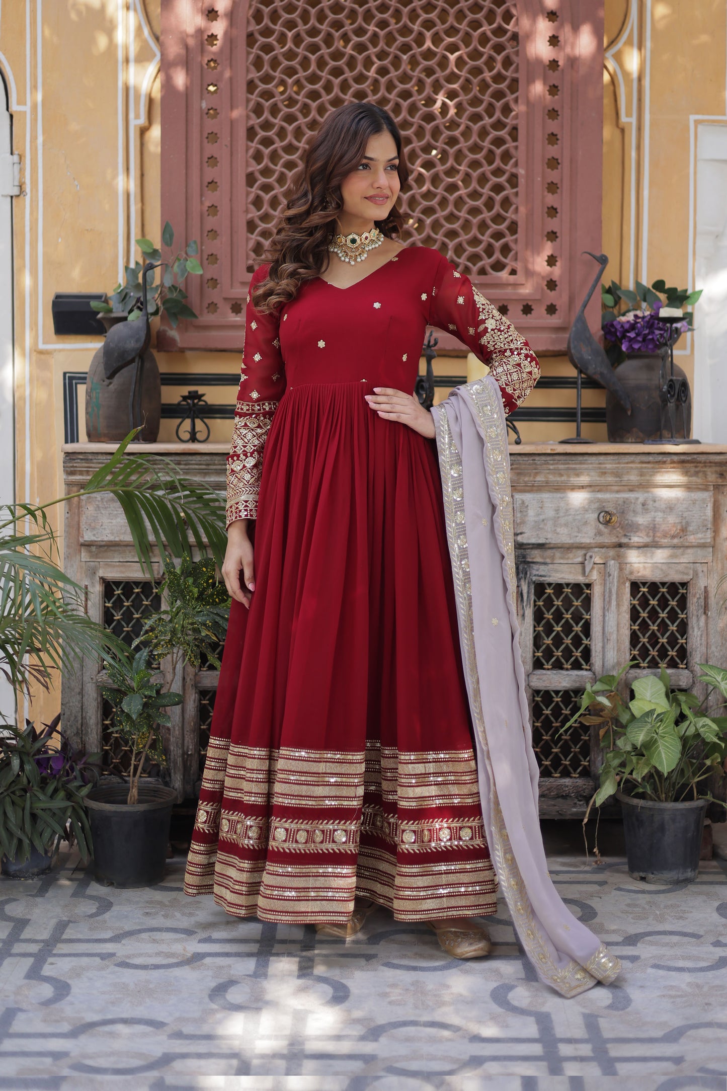 Ruhveen Maroon Faux Blooming Embroidered Gown With Dupatta