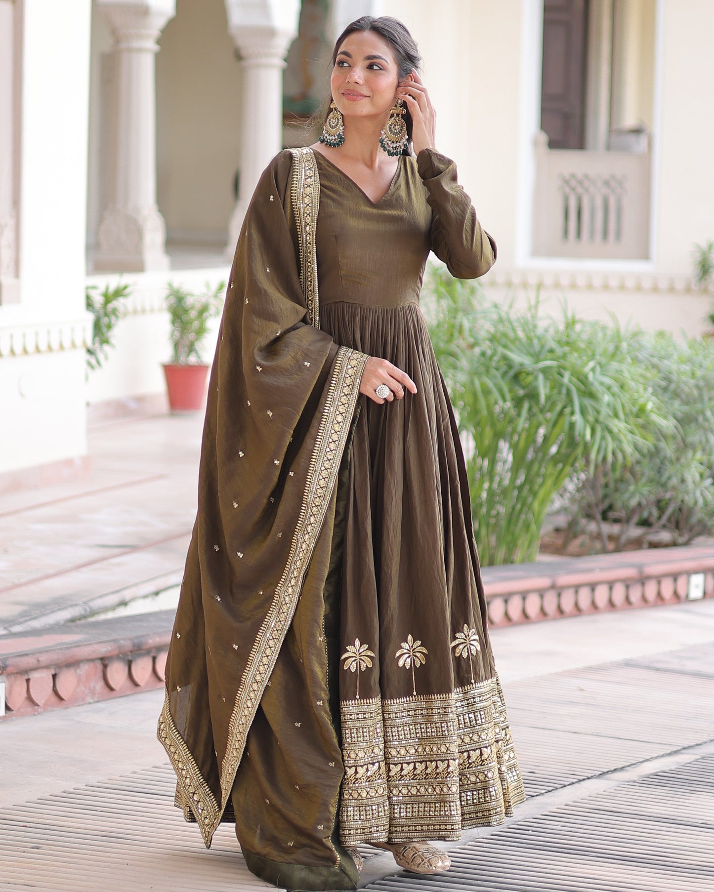 Mehendi Green Gown With Dupatta