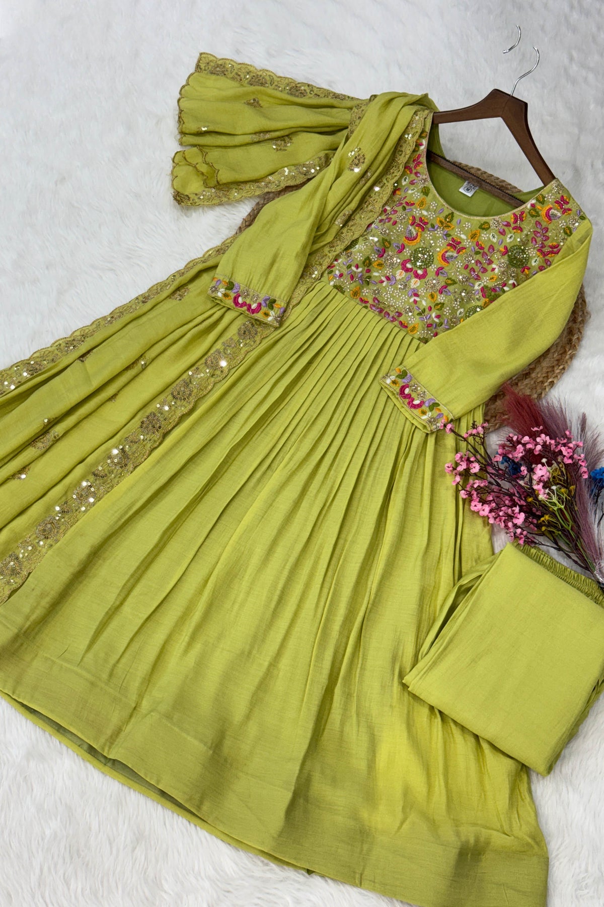 Vaani Pista Mal Chanderi Anarkali Suit Set