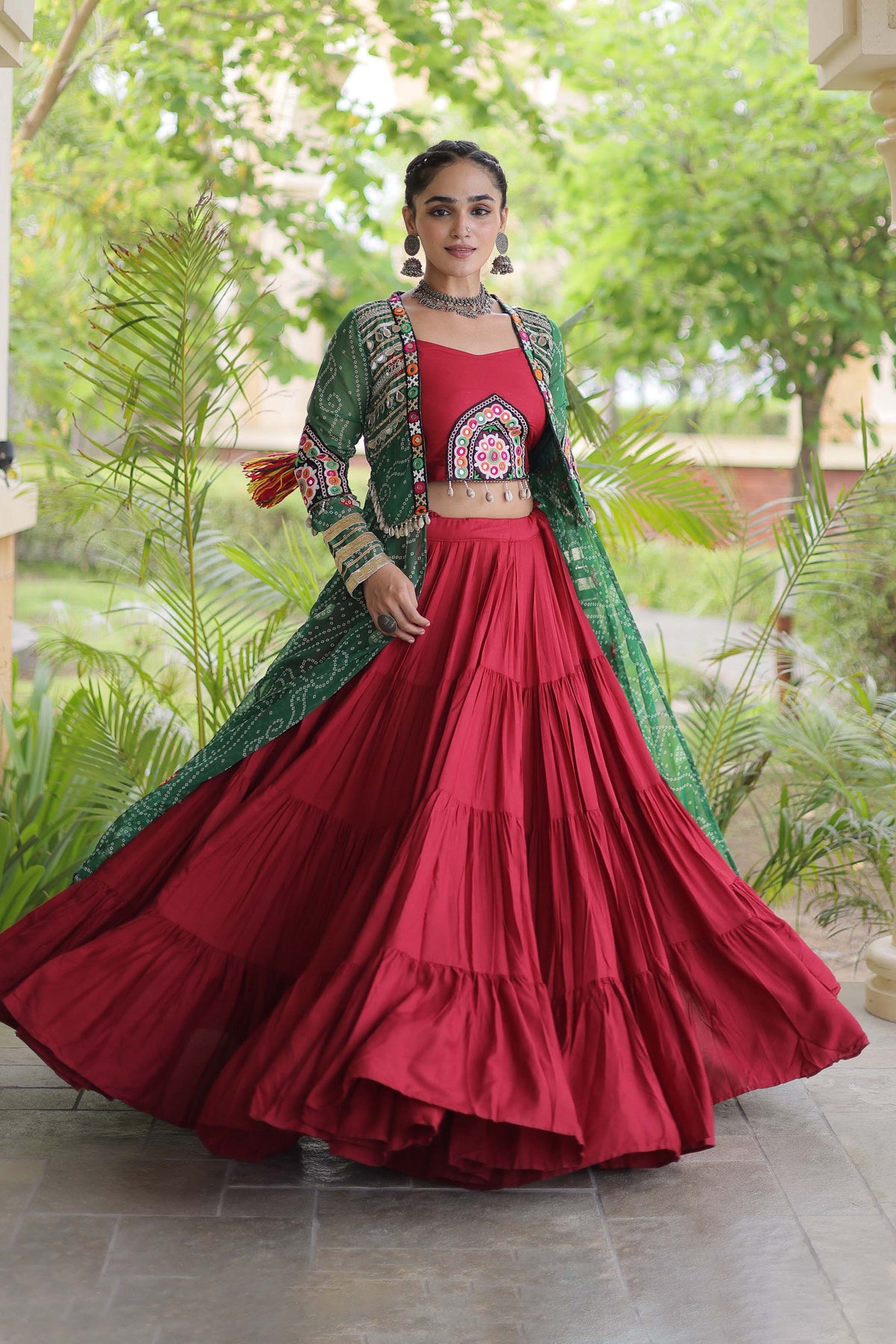 Kutchika Bandhani Green Rayon Lehenga Set