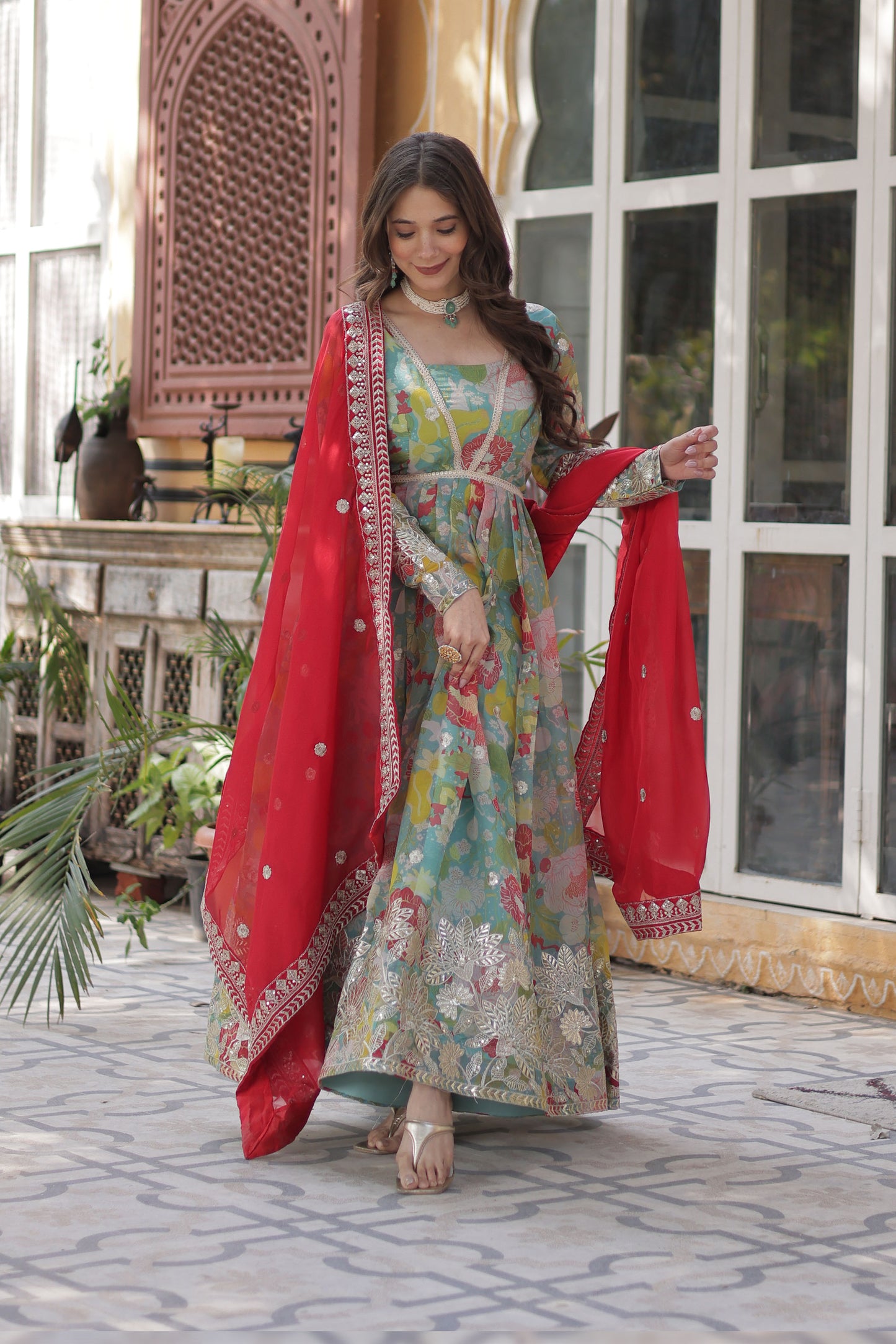 Gulbahar Sky Digital Print Russian Silk Embroidered Gown With Dupatta