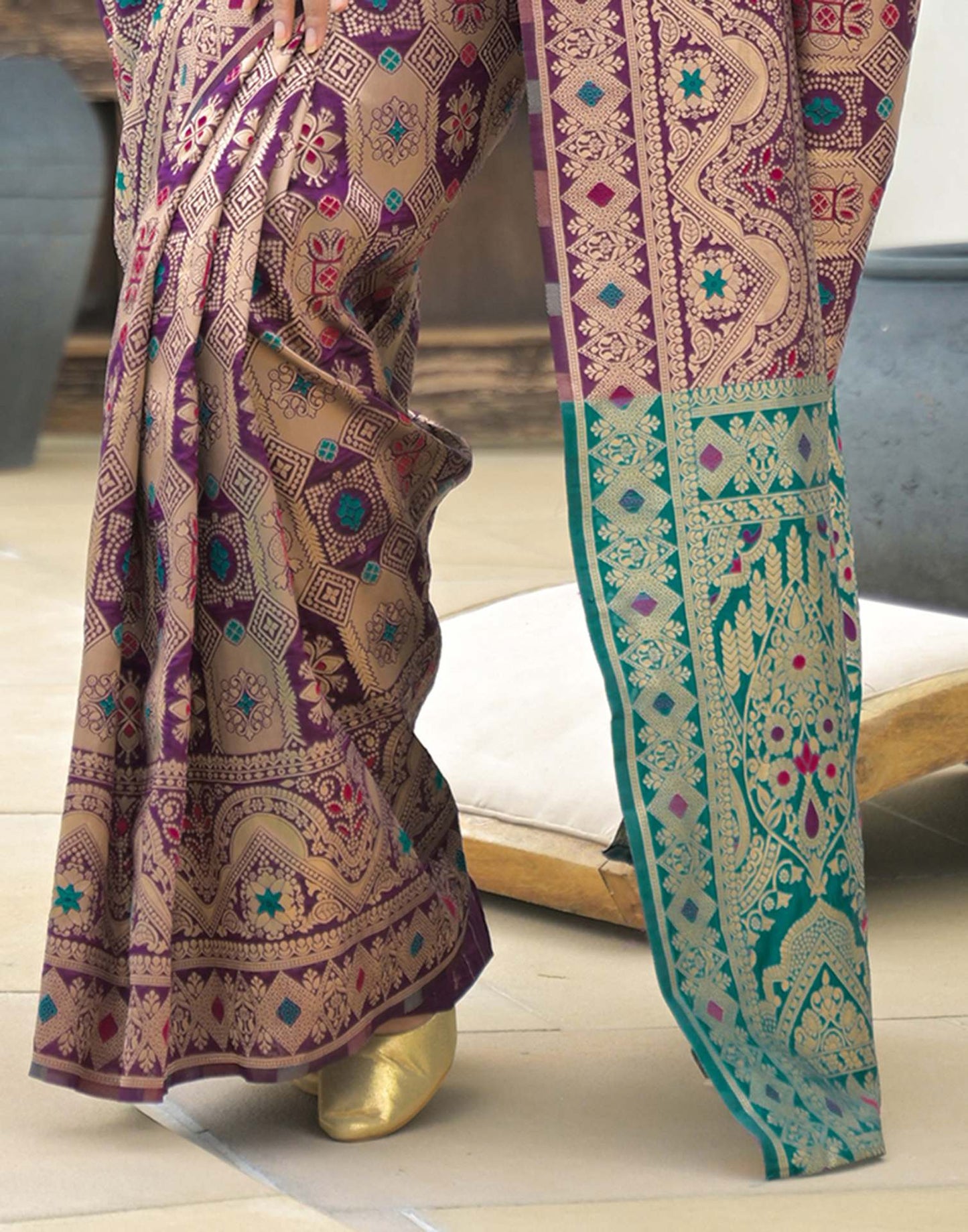 Purple Patola Banarasi Silk Saree with Turquoise Border