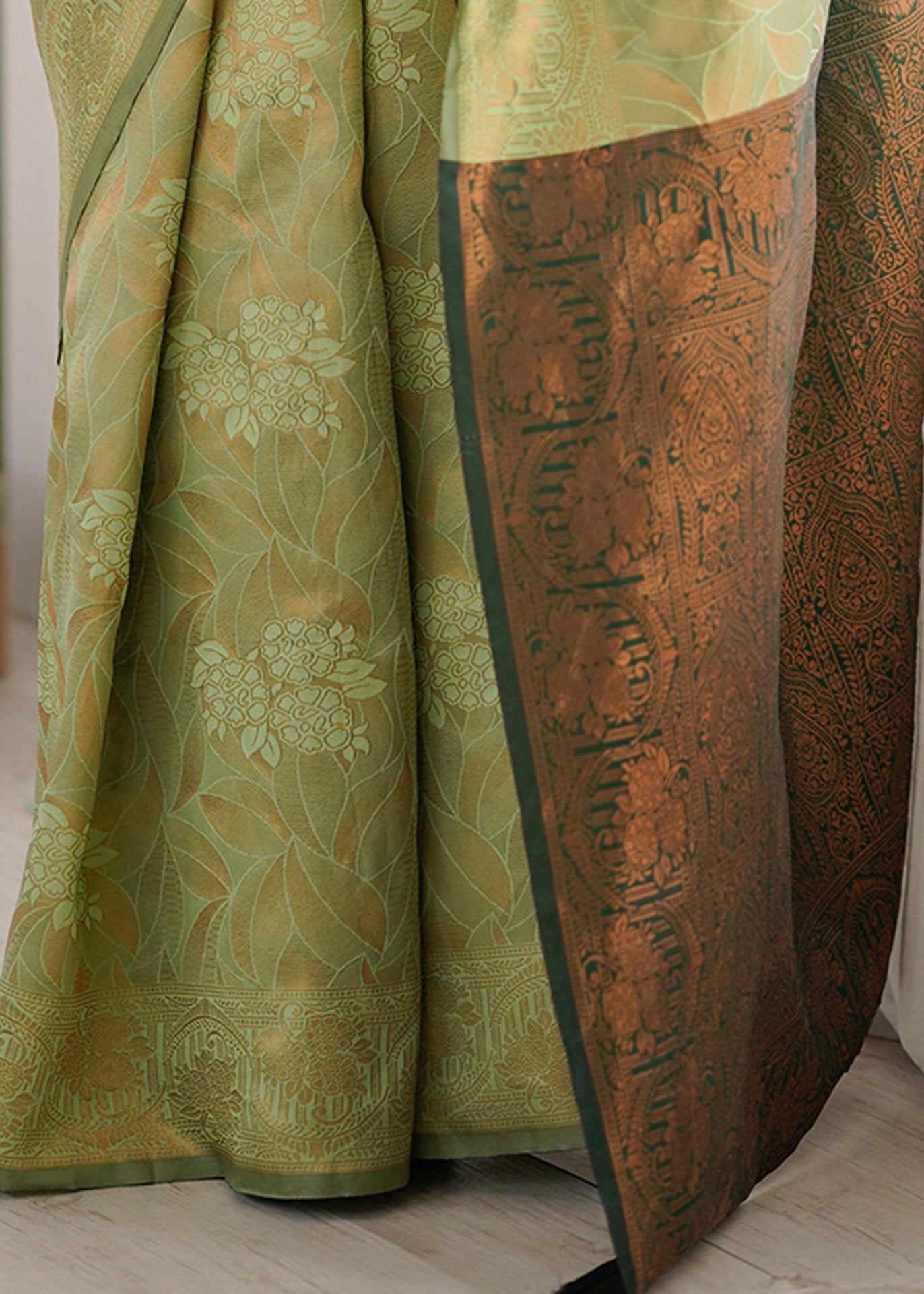 Pista Green Floral Woven Silk Saree