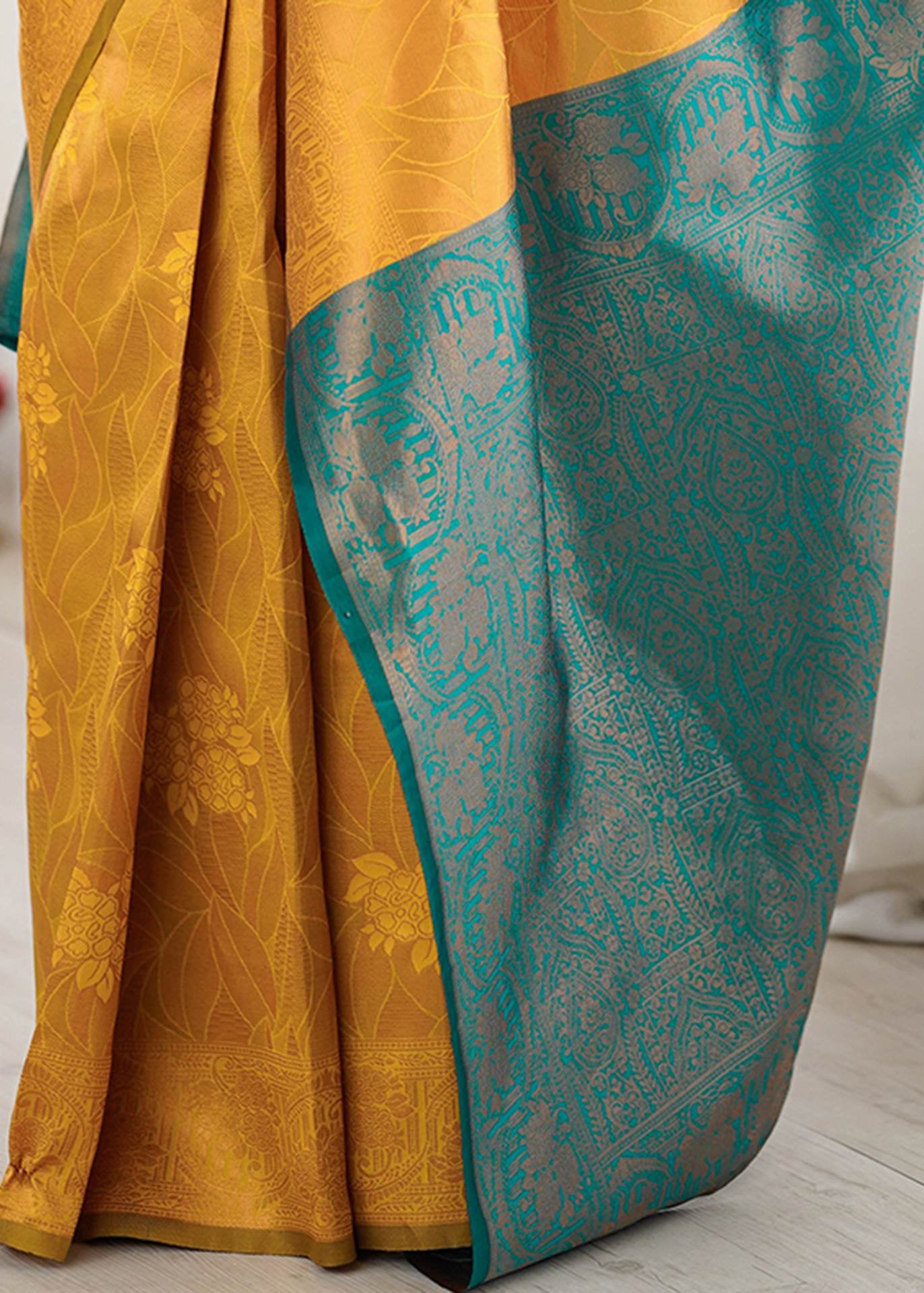Mustard Yellow Antique Motif Woven Silk Saree