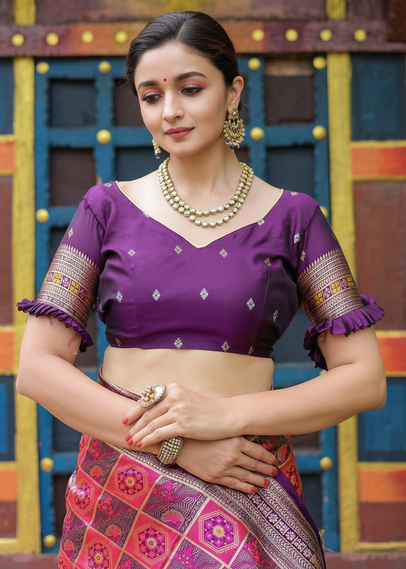 Purple And Magenta Geometric Woven Silk Saree