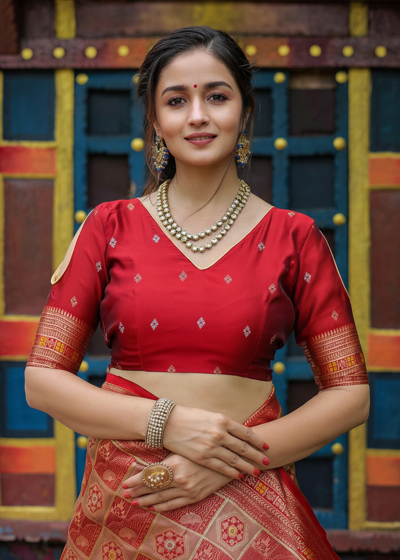 Crimson Red Geometric Woven Silk Saree