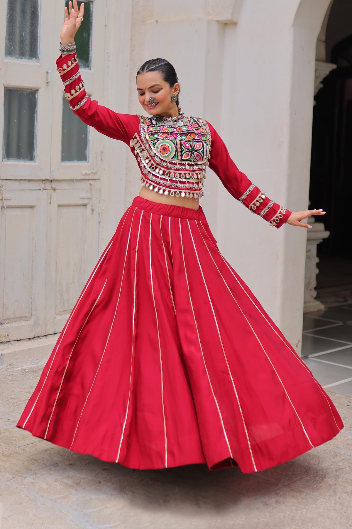 Saanchi Kutchi Maroon Roman Silk Lehenga Set