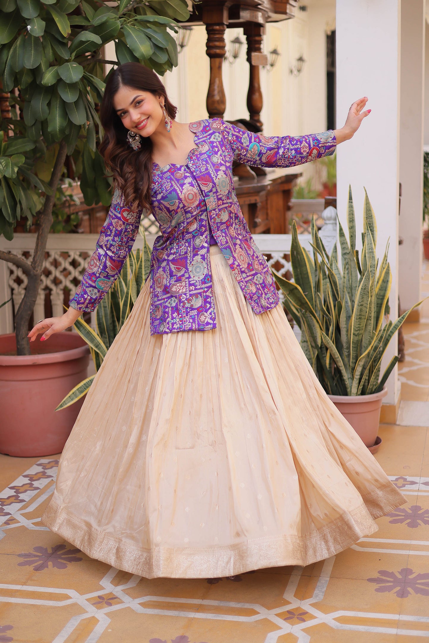 Royal Purple Jacquard Jacket with Beige Lehenga Set