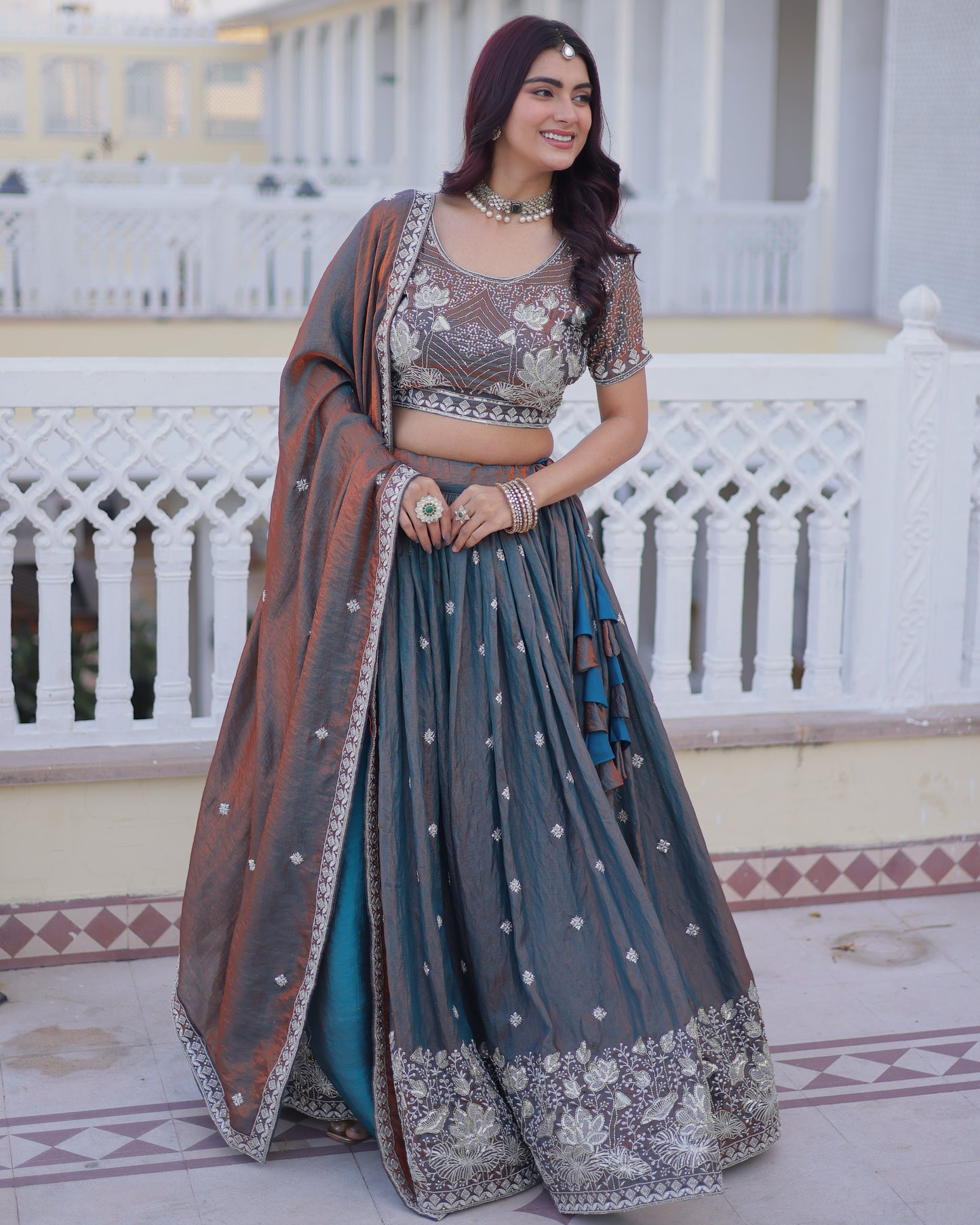Neelavarna Rust Iridescent Silk Embroidered Lehenga Set