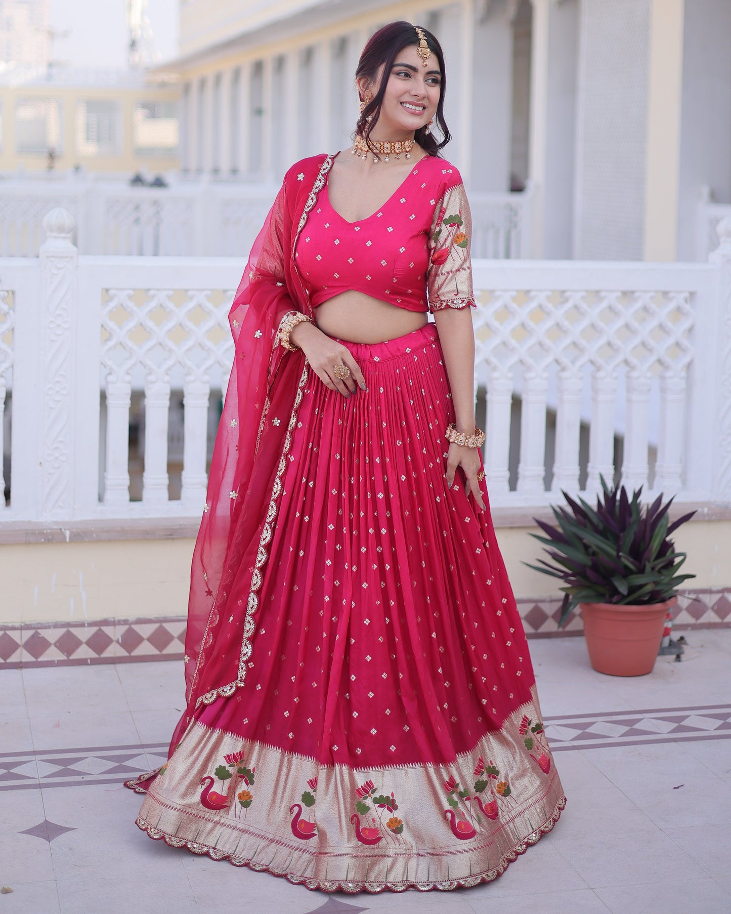 Vrindaa Rani Pink Paithani-Border Embroidered Lehenga Set