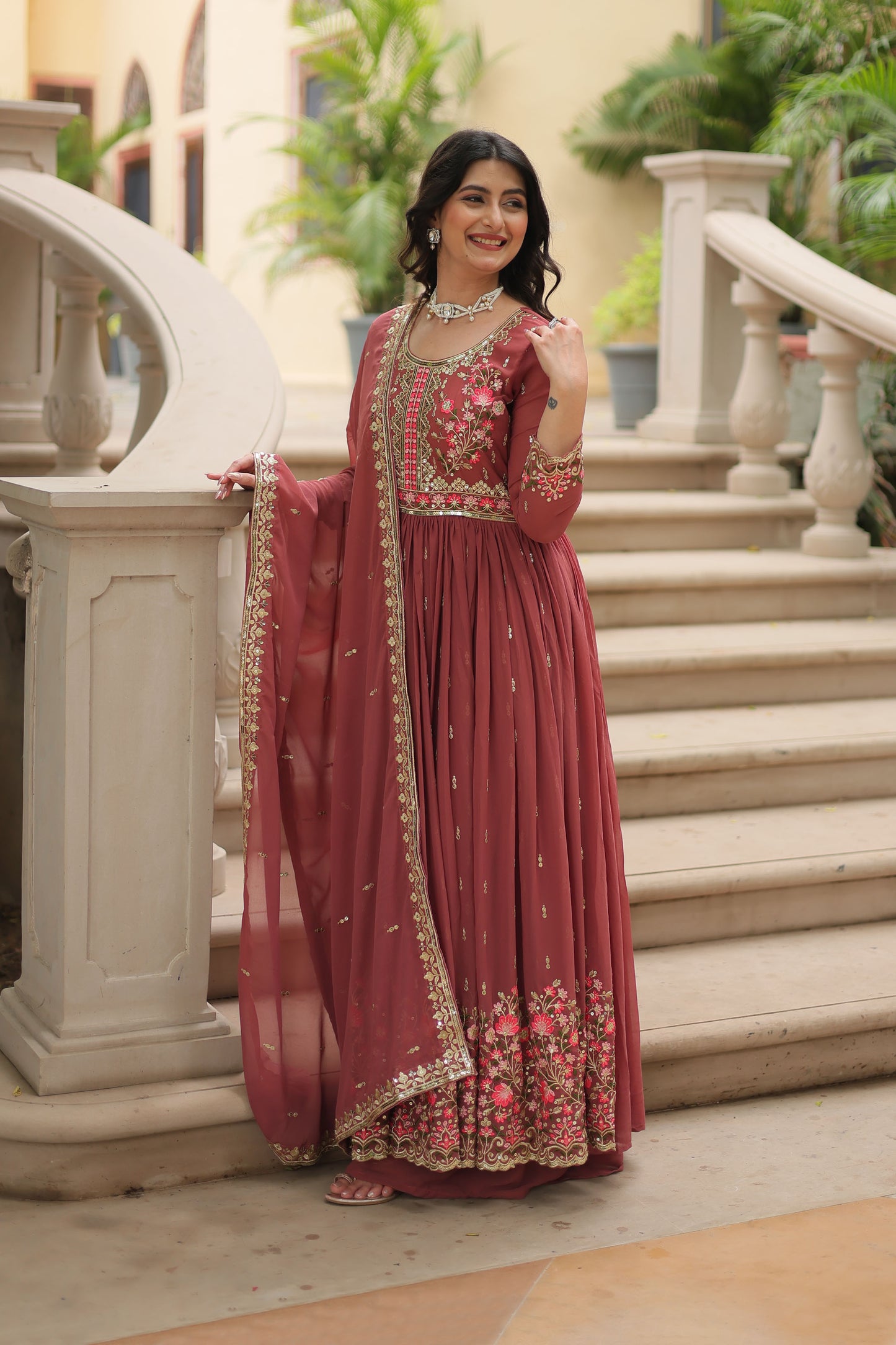 Ruhana Coffee Rose Faux Georgette Embroidered Suit Set