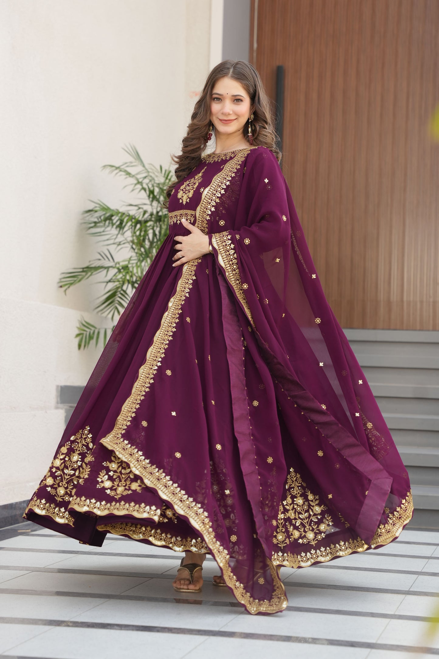 Regal Wine Intricate Gold Embroidery Gown with Dupatta