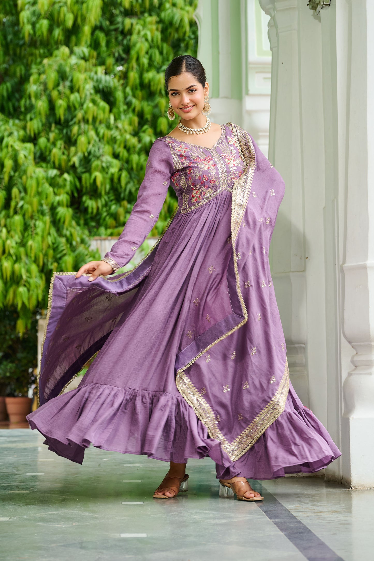 Regal Onion Mauve Floral Embroidered Gown with Dupatta