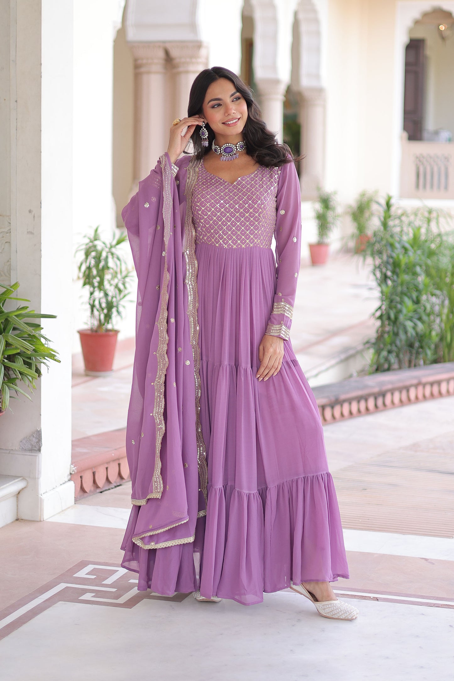 Lavender Tiered Embroidered Gown with Dupatta