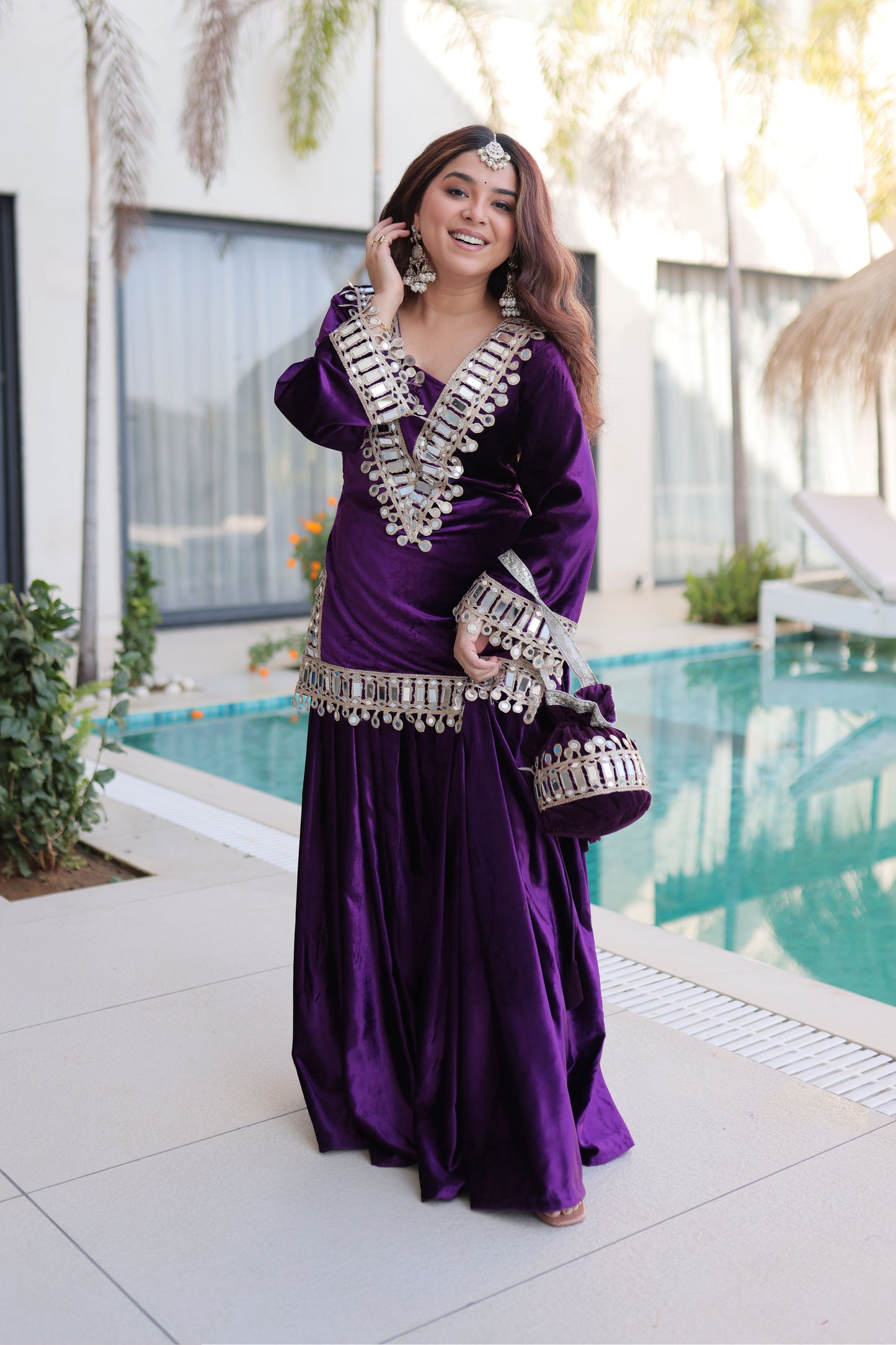 Royal Purple Mirror Work Velvet Sharara Set with Potli Bag