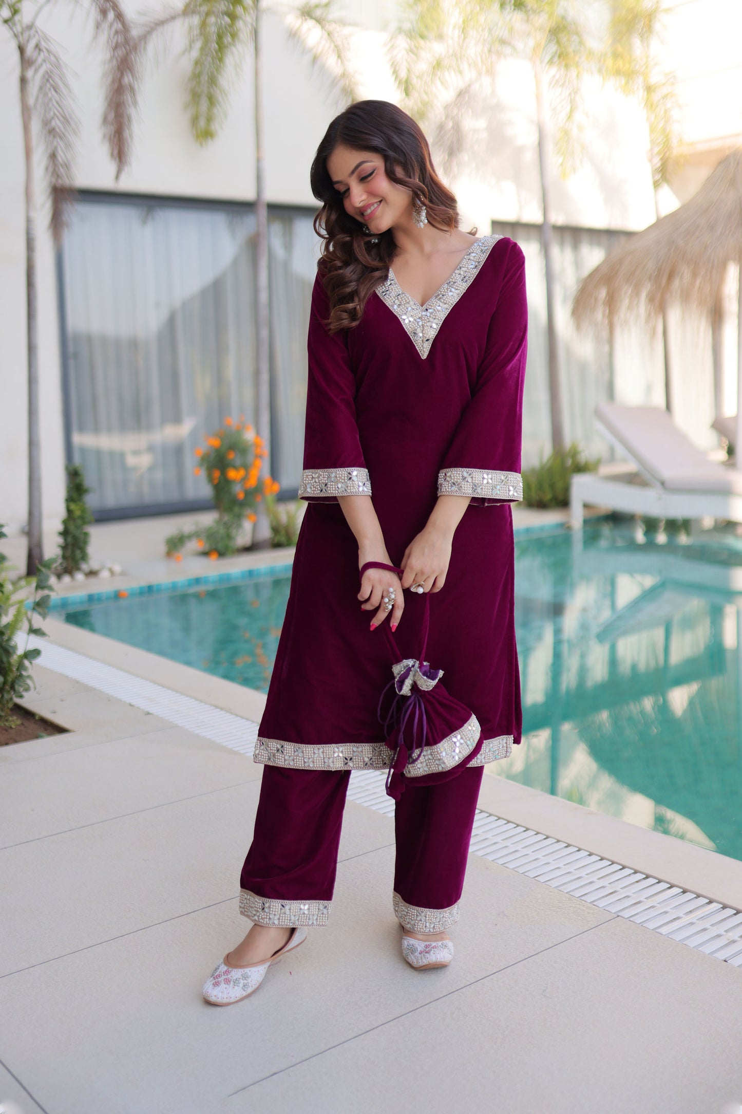 Wine Embellished Velvet Kurta Pant Set with Potli Bag
