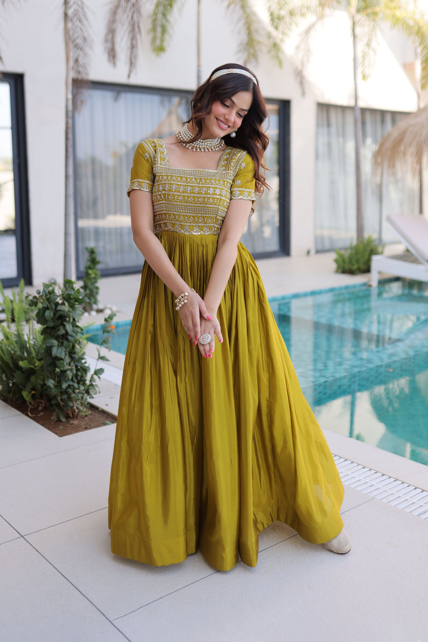Laali Mehndi Olive Gold Zari, Sequin and Bead Embroidered Gown