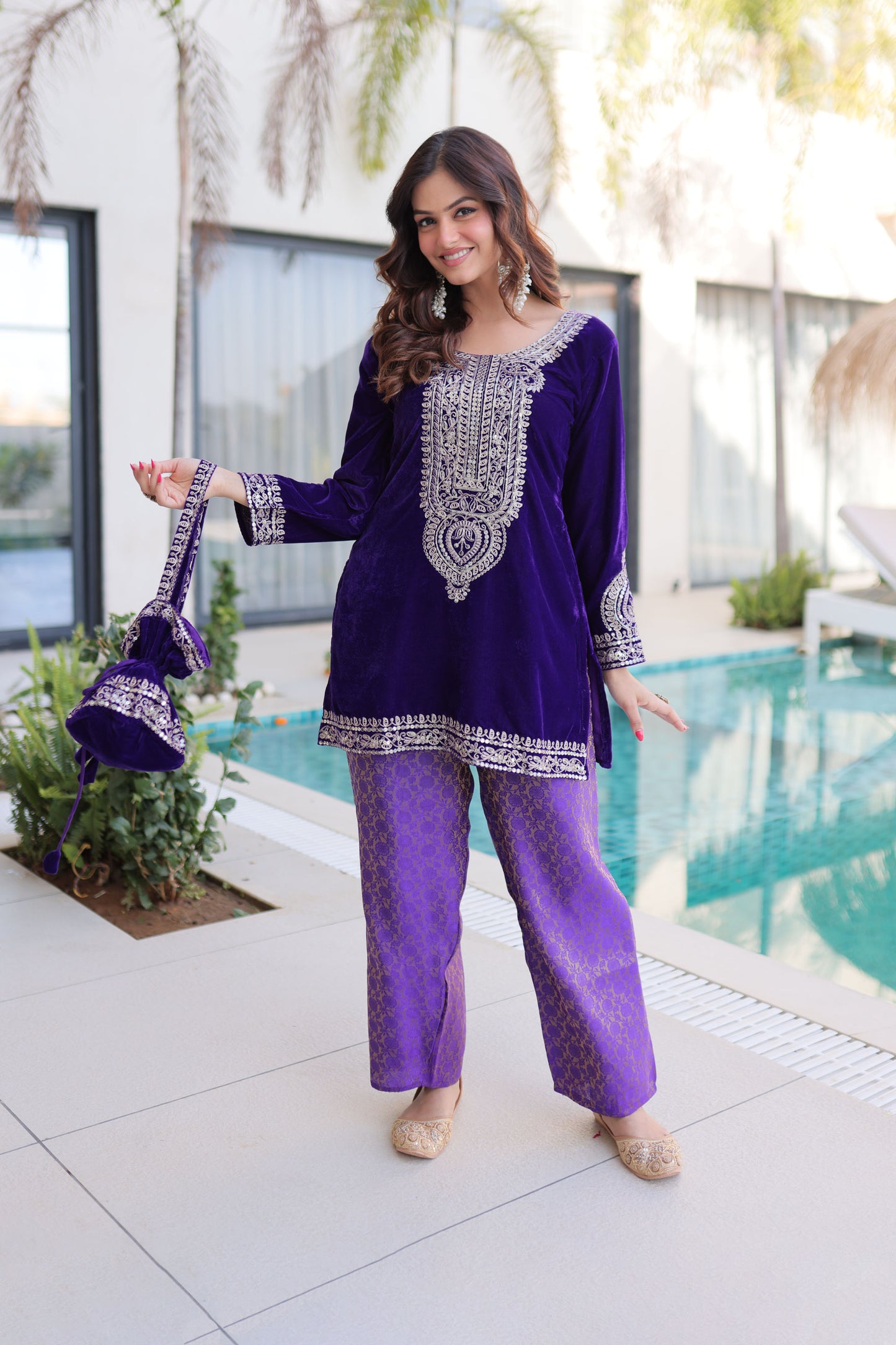 Royal Purple Embroidered Velvet Kurta Pant with Potli Bag