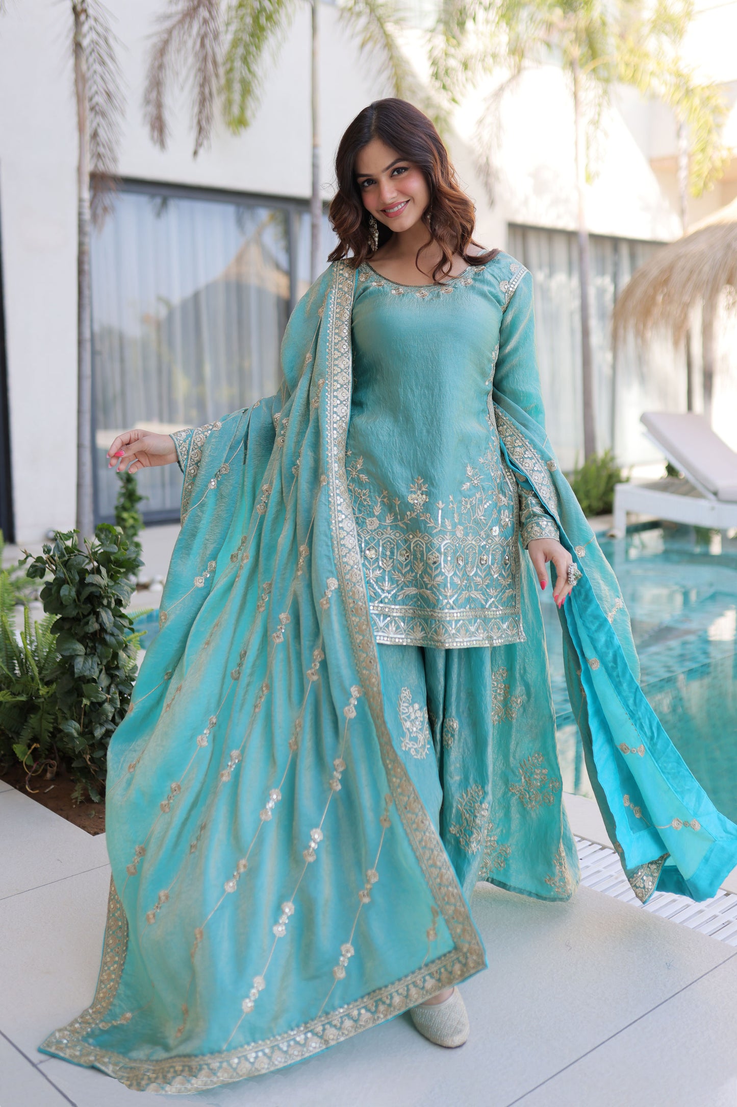 Aqua Blue Embroidered Kurta Sharara Set