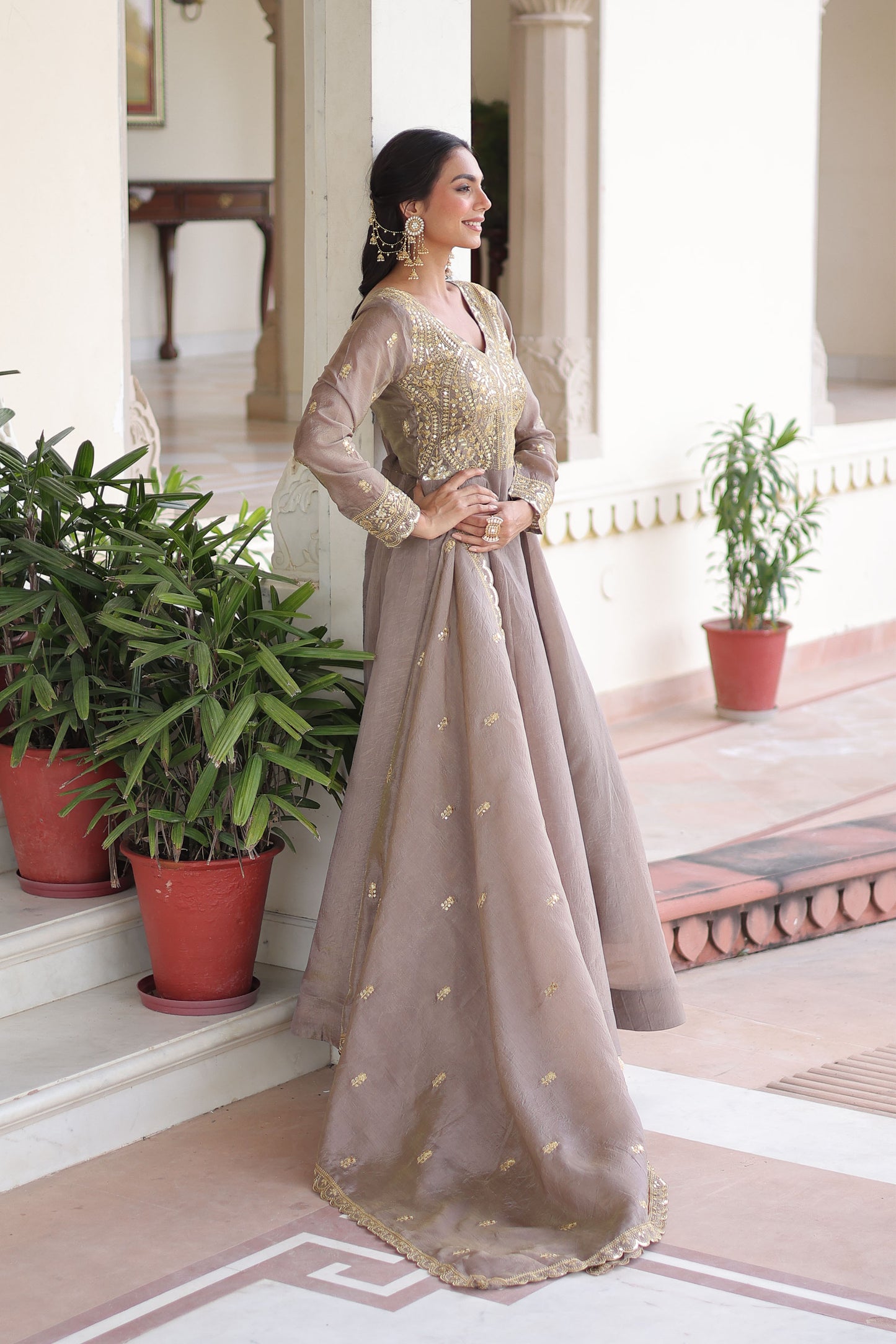 Roshan Warm Grey Gold Zari-Sequin Embroidered Gown with Dupatta