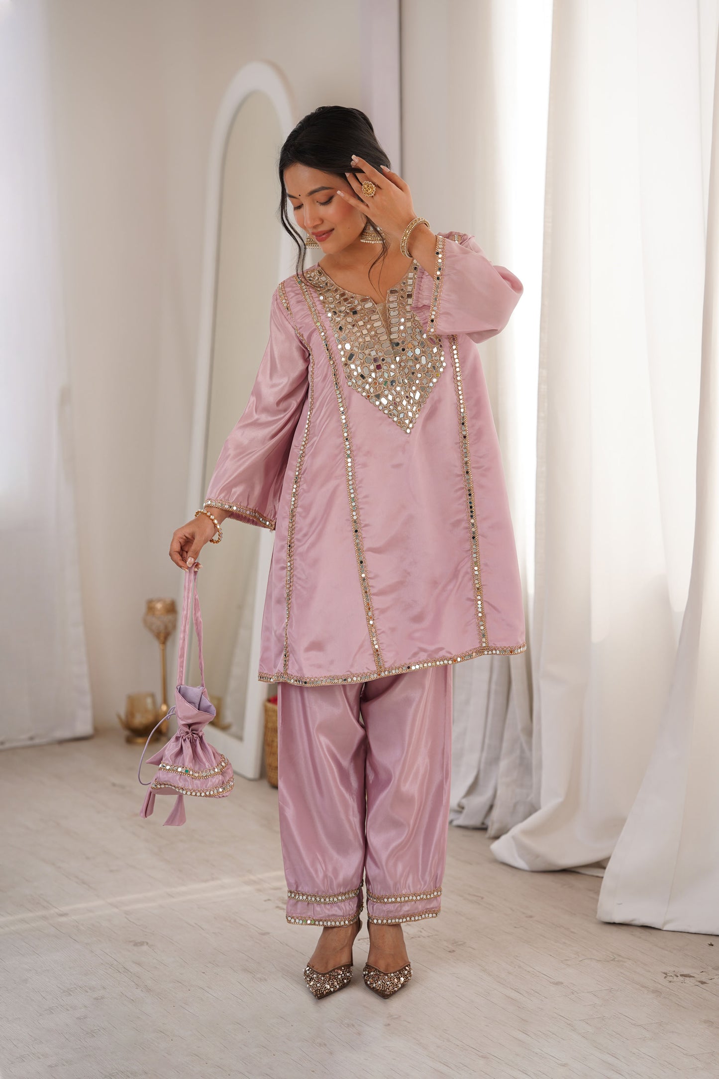 Aaina Blush Pink Real Mirror Lace Embroidery Kurti Set