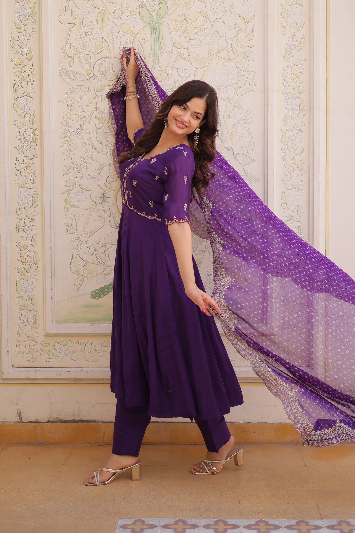 Rajwadi Purple Mal Chanderi Anarkali Suit Set