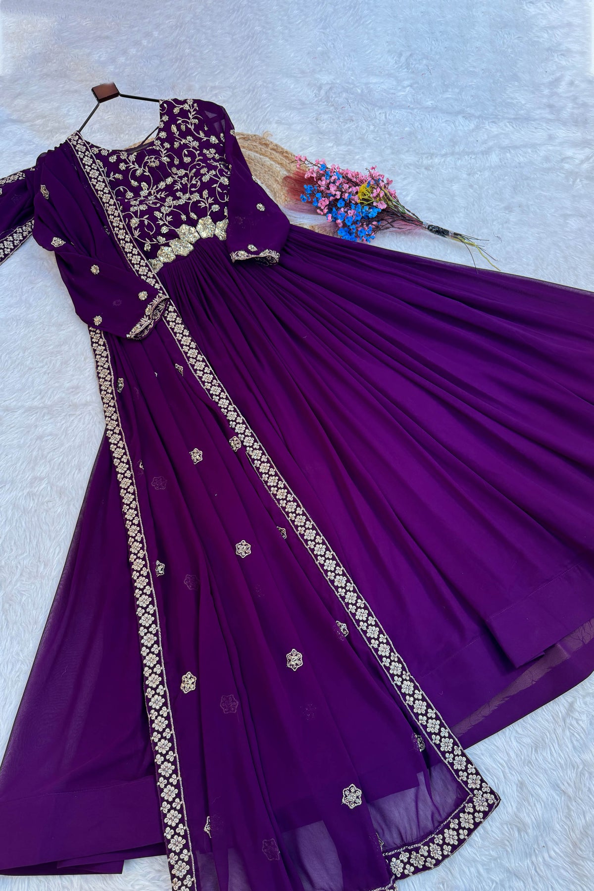 Ishanvi Purple Floral Faux Blooming Gown Set