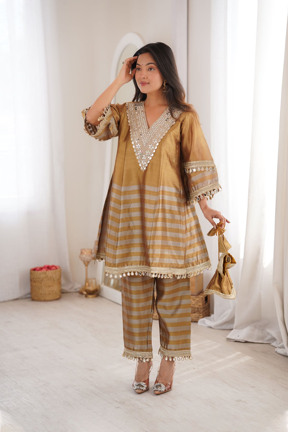Gauri Golden Two-Tone Tissue Mirror-Work Sharara Suit Set