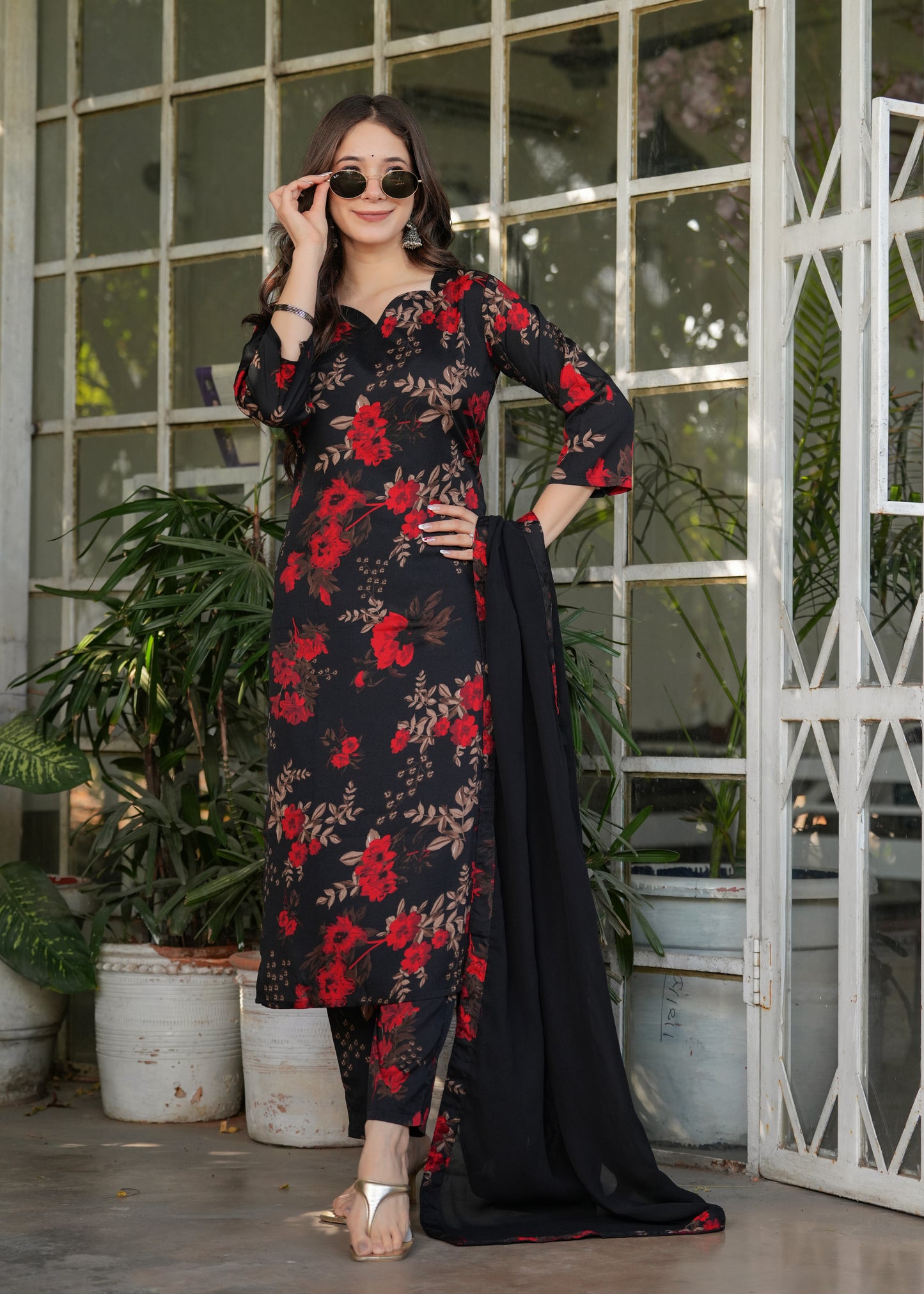 Black with Red Heritage Kurta Set