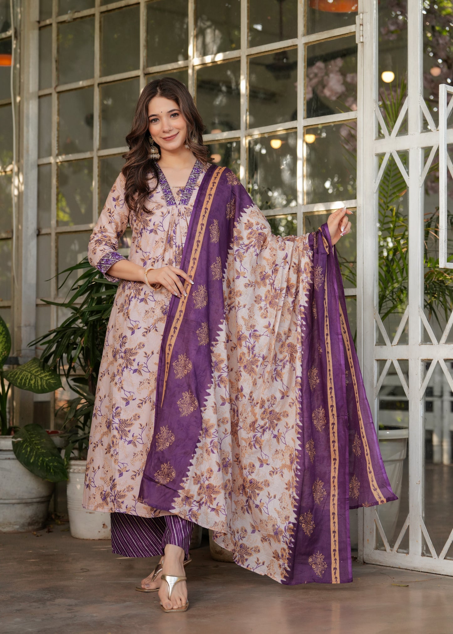 Cream with purple Delightful Kurta Set