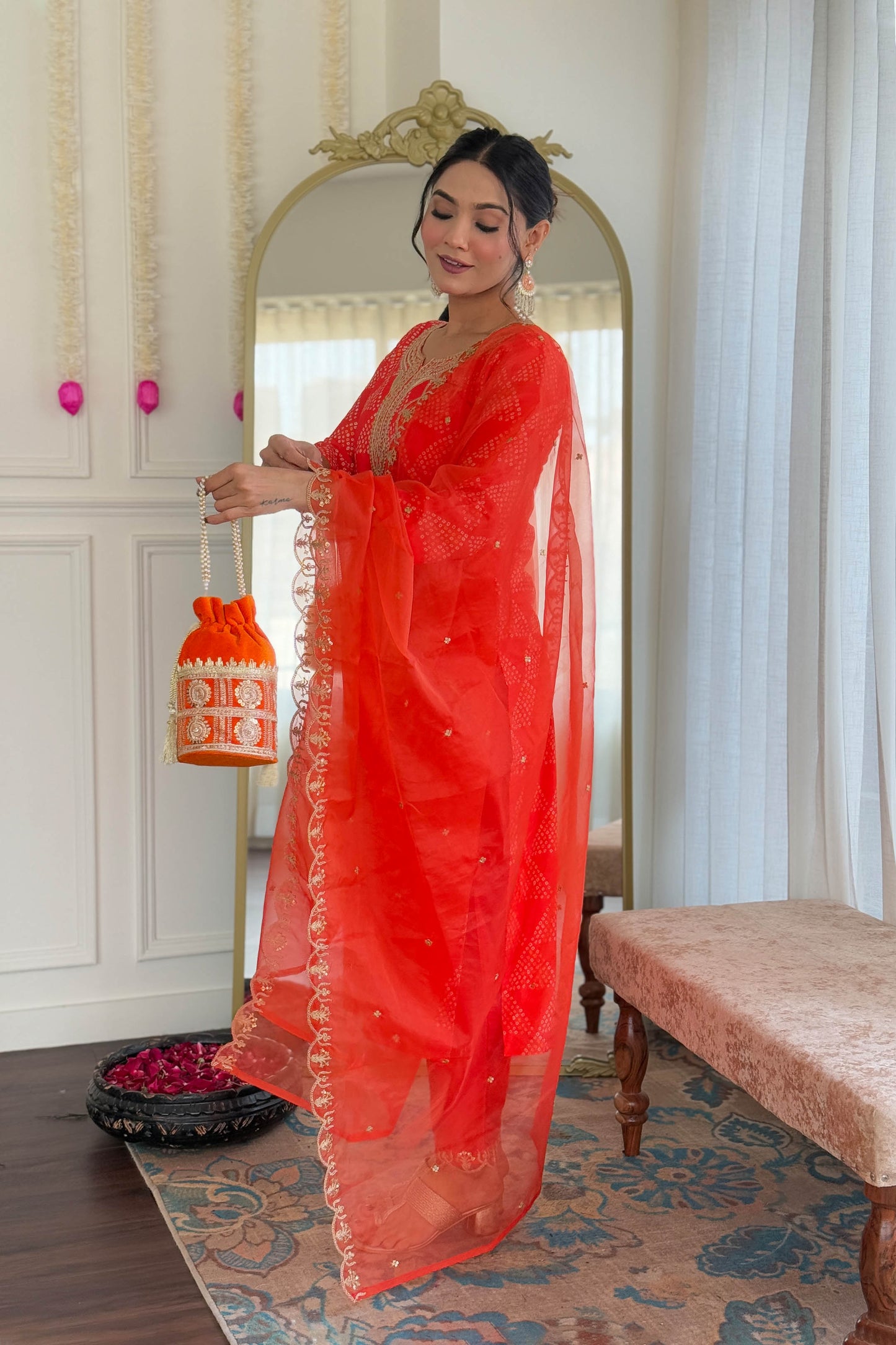 Tejasvi Red French Crepe Bandhani Embroidered Kurta Set