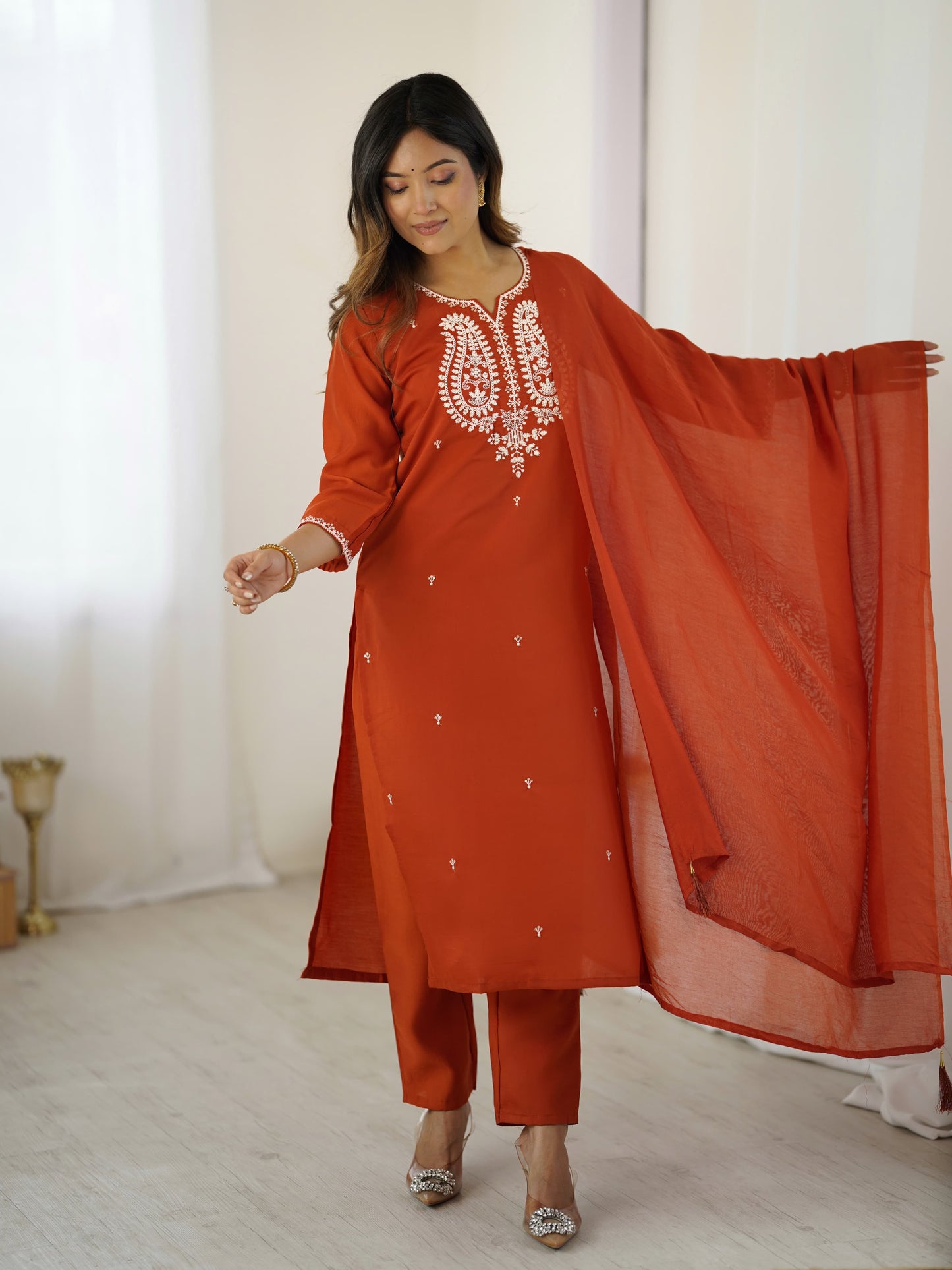 Maaviya Rust Orange White Chikankari Embroidered Kurta Set