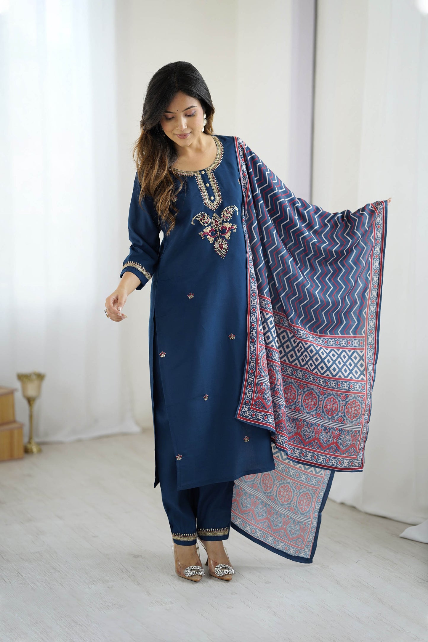 Nilufar Navy Blue Chanderi Silk Embroidered Kurta Set